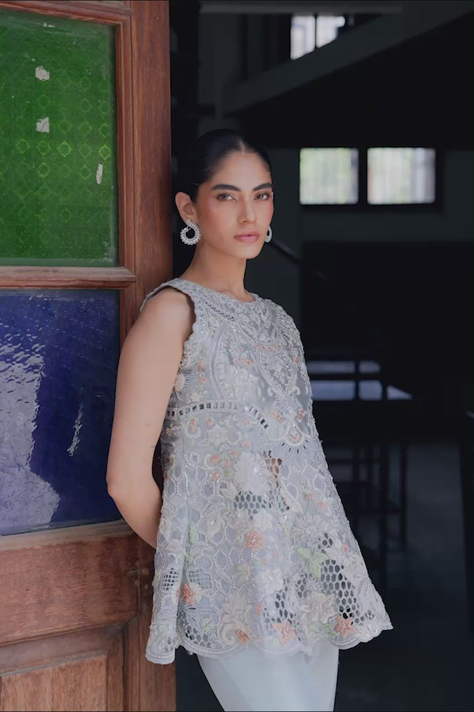 Pakistani Soft Blue Embroidered Lamay Meysuri Peplum (2-Piece) - Image 2