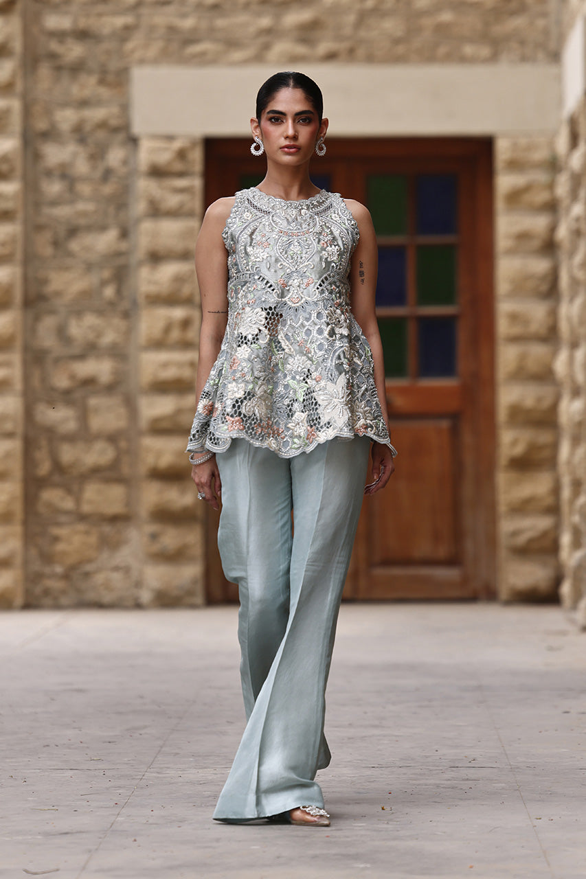 Pakistani Soft Blue Embroidered Lamay Meysuri Peplum (2-Piece) - Image 3