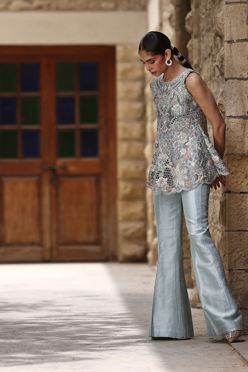 Pakistani Soft Blue Embroidered Lamay Meysuri Peplum (2-Piece) - Image 5