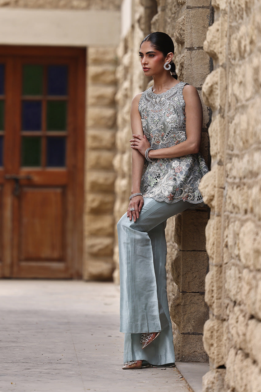 Pakistani Soft Blue Embroidered Lamay Meysuri Peplum (2-Piece) - Image 7