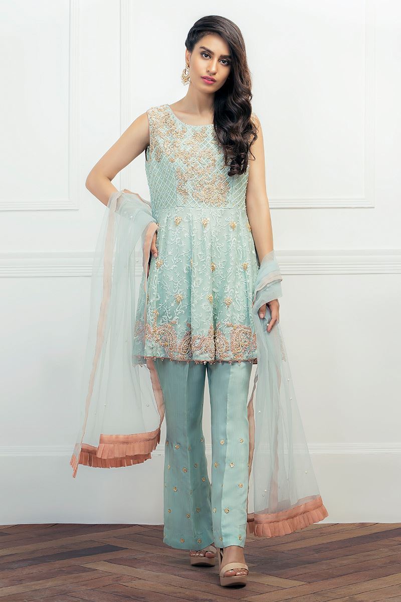 Pakistani Aqua Embroidered Raw Silk Peplum (3-Piece) - Image 1