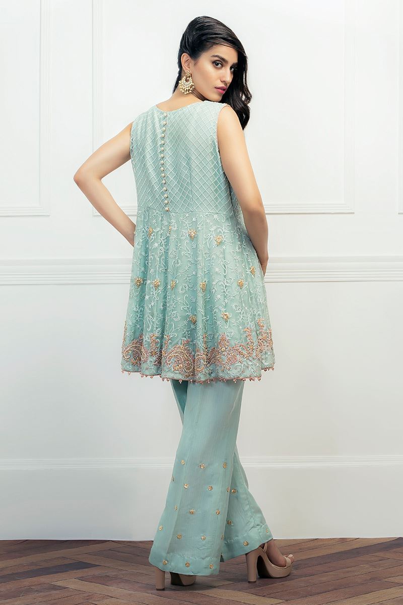 Pakistani Aqua Embroidered Raw Silk Peplum (3-Piece) - Image 2