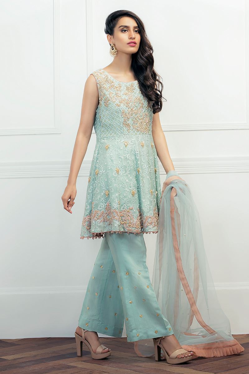Pakistani Aqua Embroidered Raw Silk Peplum (3-Piece) - Image 3