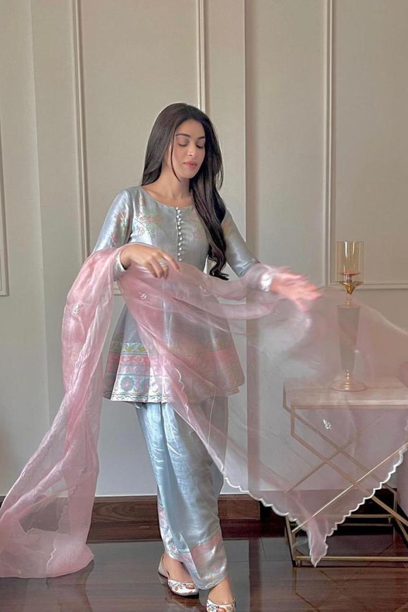 Ice Blue Digital Printed Rawsilk Peplum (3-Piece) - Image 3