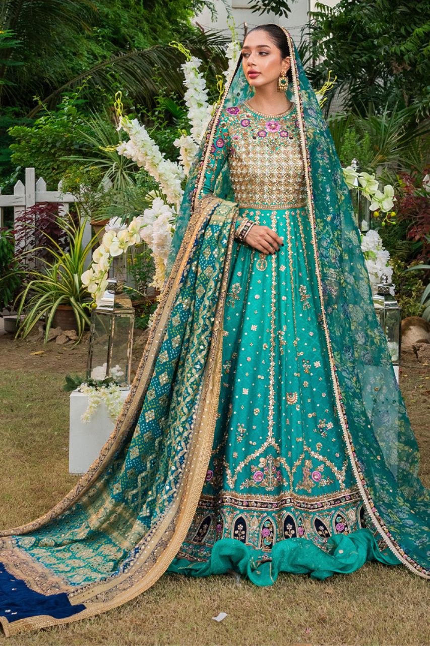 Pakistani Turquoise Gota & Floral Cotton Net Pishwas (3-Piece) - Image 1