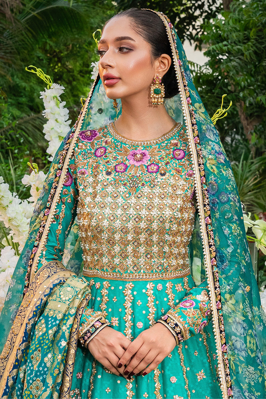 Pakistani Turquoise Gota & Floral Cotton Net Pishwas (3-Piece) - Image 2