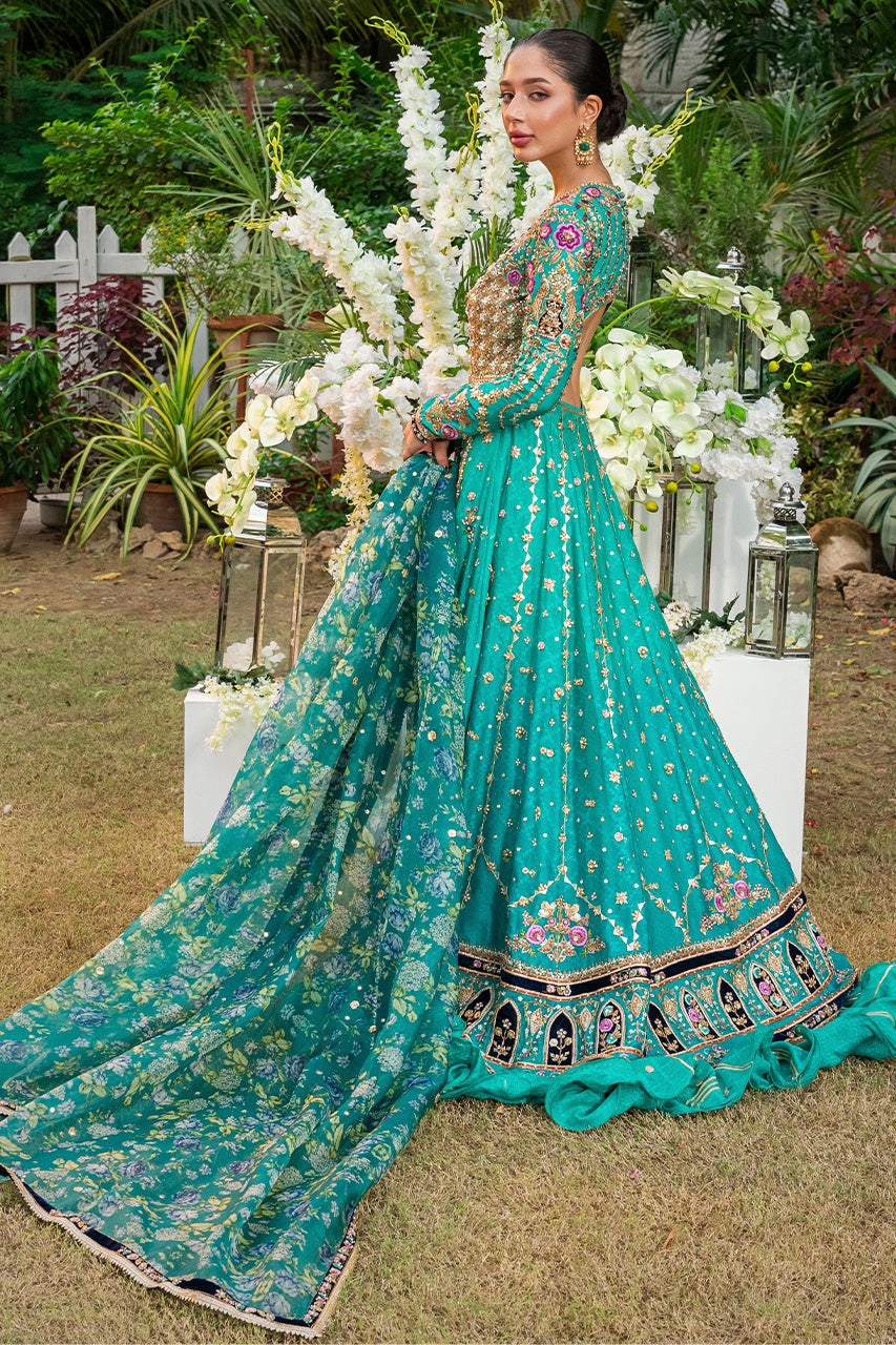 Pakistani Turquoise Gota & Floral Cotton Net Pishwas (3-Piece) - Image 3