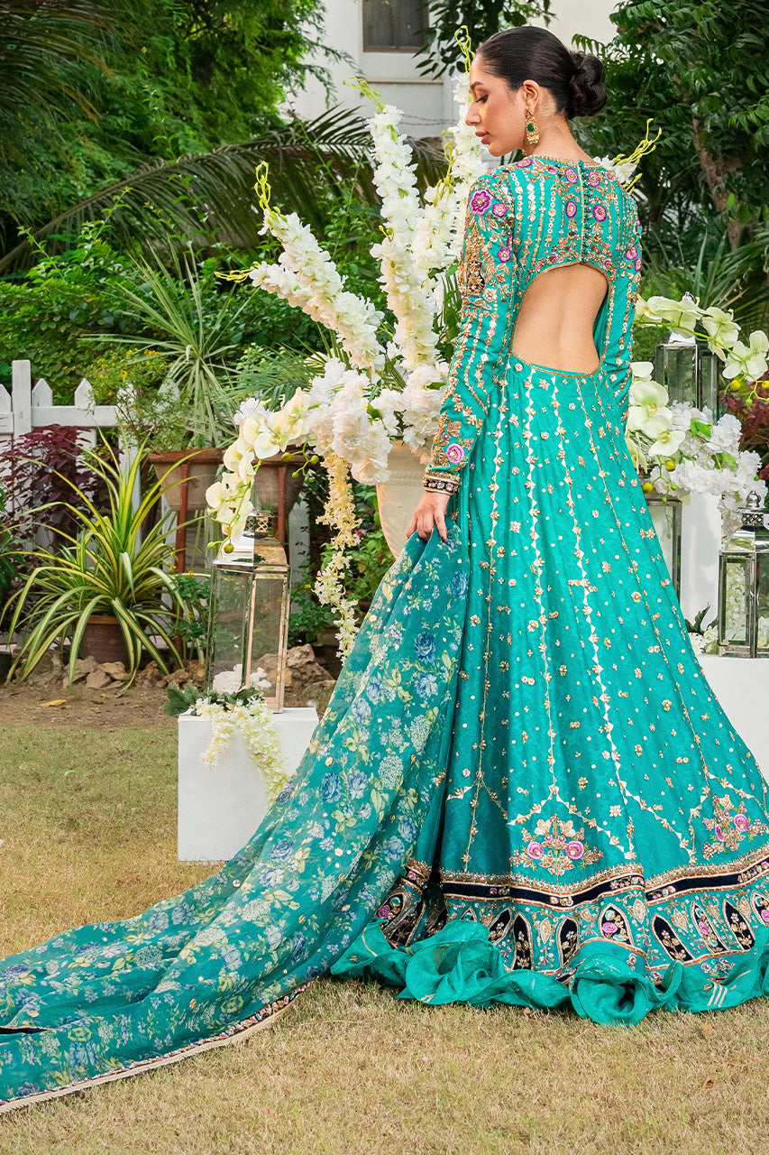 Pakistani Turquoise Gota & Floral Cotton Net Pishwas (3-Piece) - Image 4