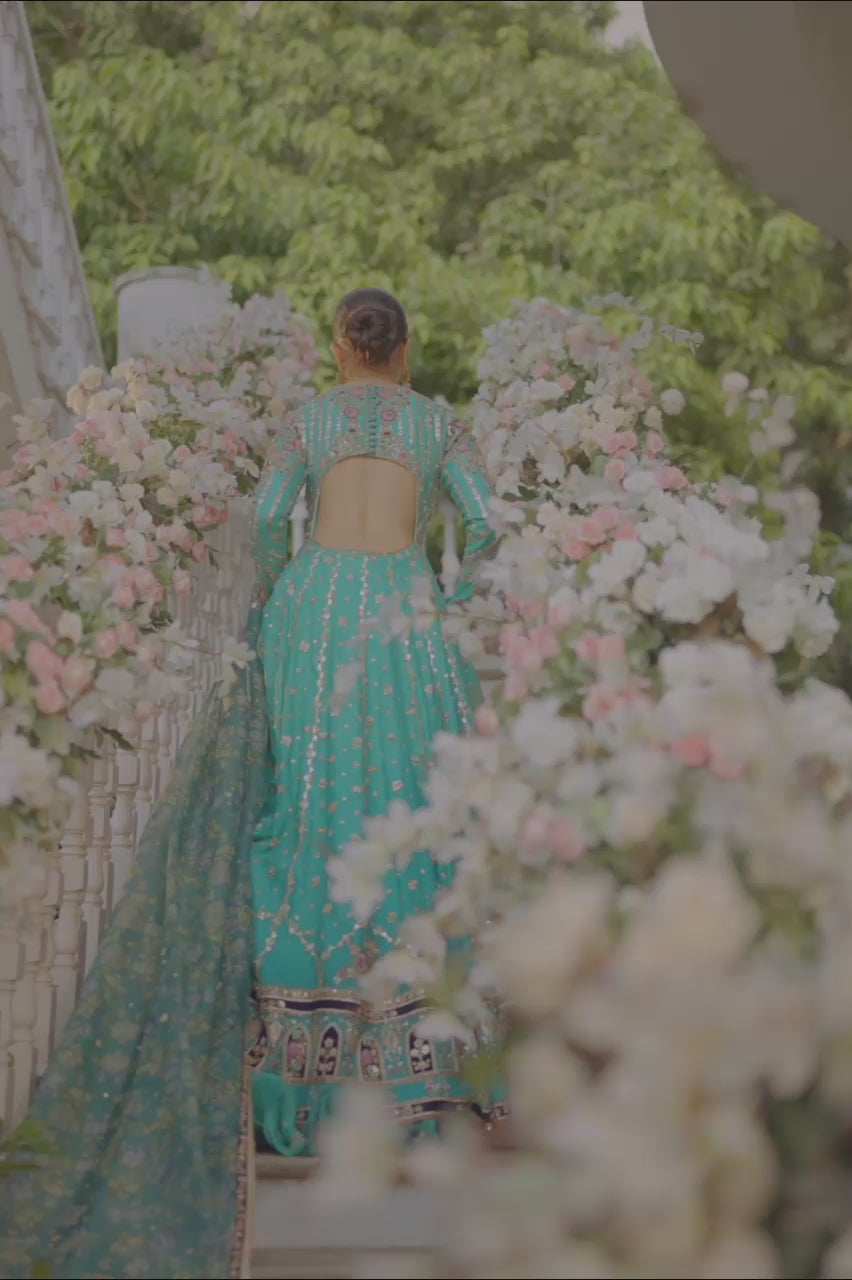 Pakistani Turquoise Gota & Floral Cotton Net Pishwas (3-Piece) - Image 5