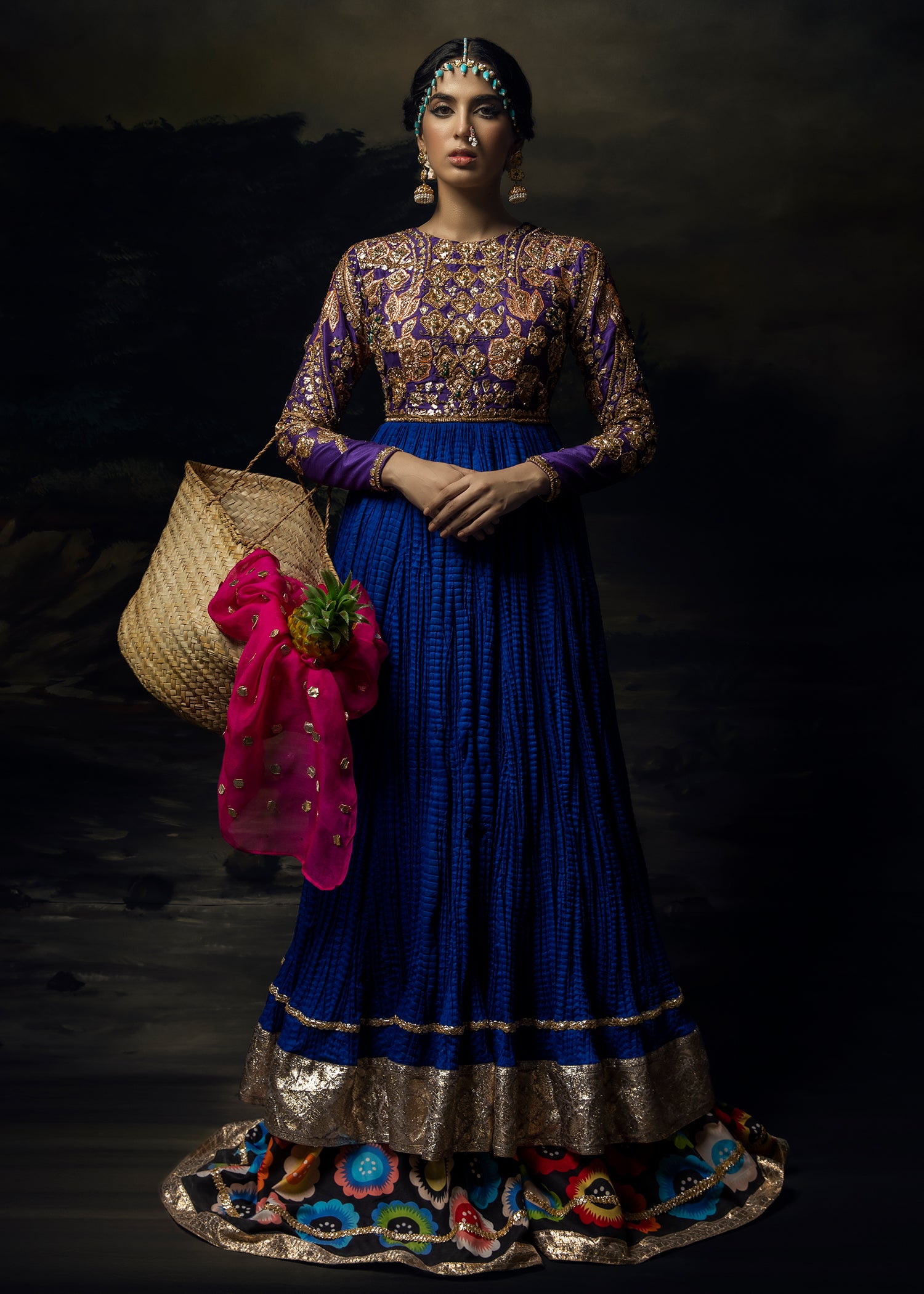 Pakistani Royal Blue Gota Embroidered Crushed Pishwas (3-Piece) - Image 1