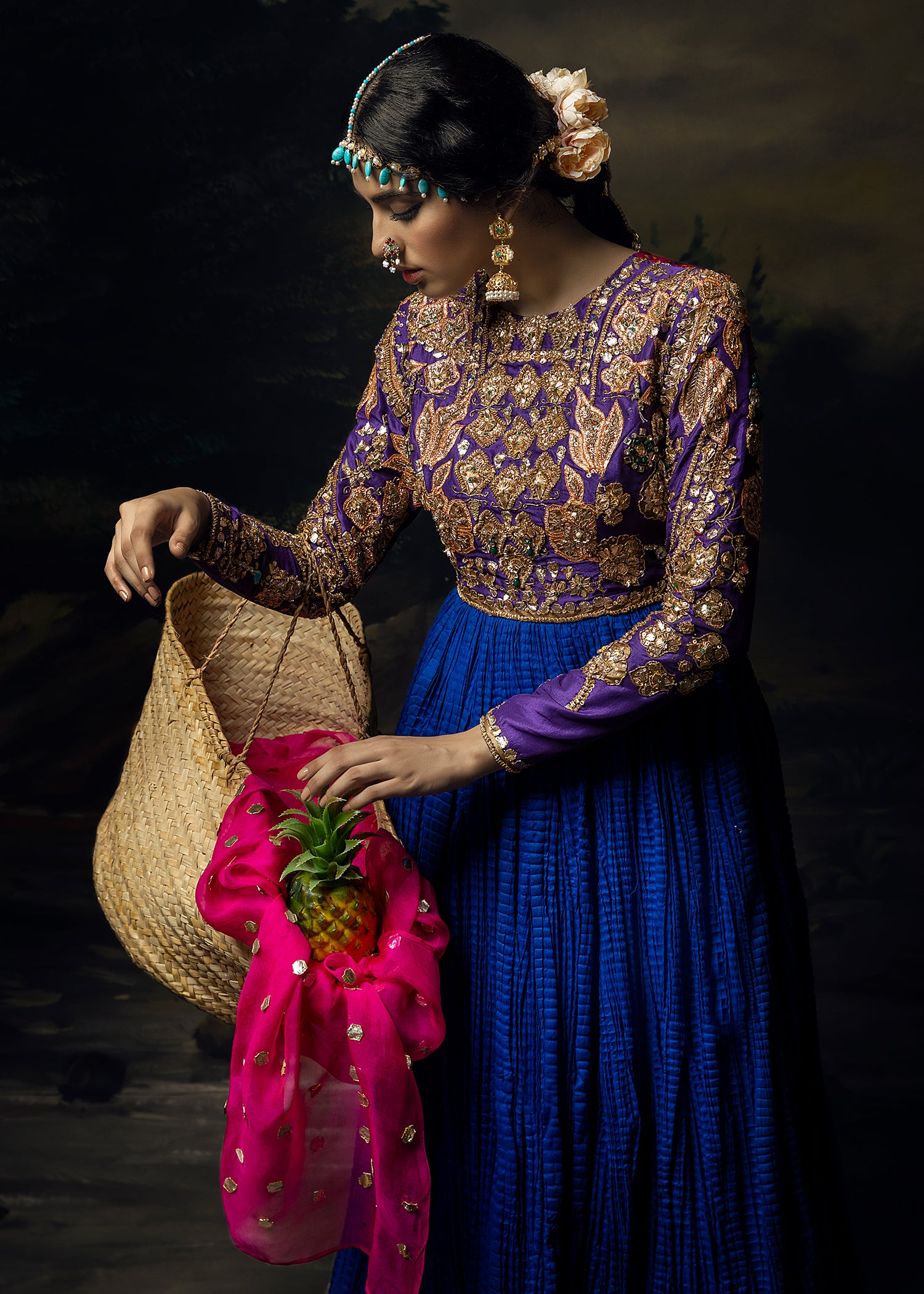 Pakistani Royal Blue Gota Embroidered Crushed Pishwas (3-Piece) - Image 2