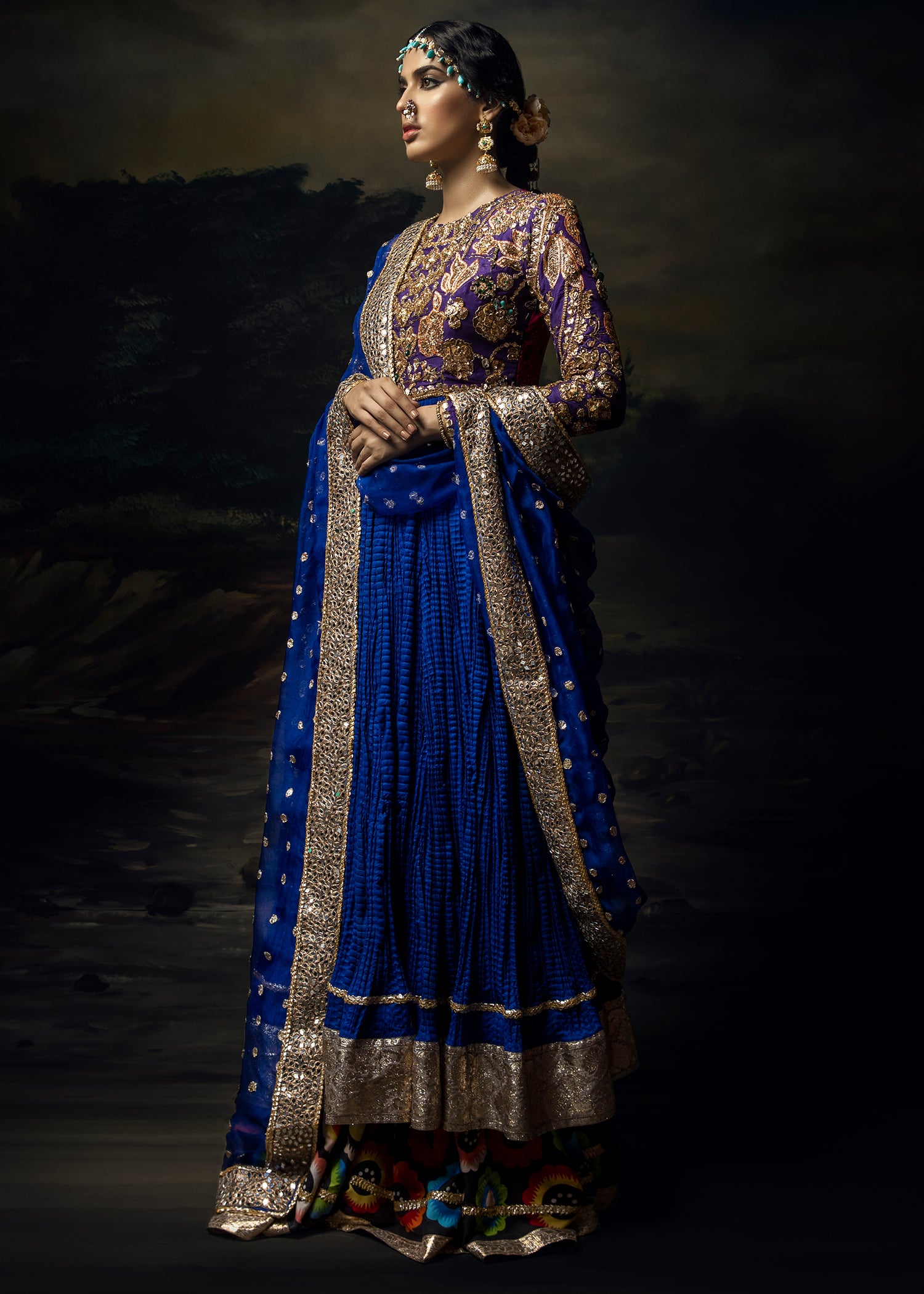 Pakistani Royal Blue Gota Embroidered Crushed Pishwas (3-Piece) - Image 3