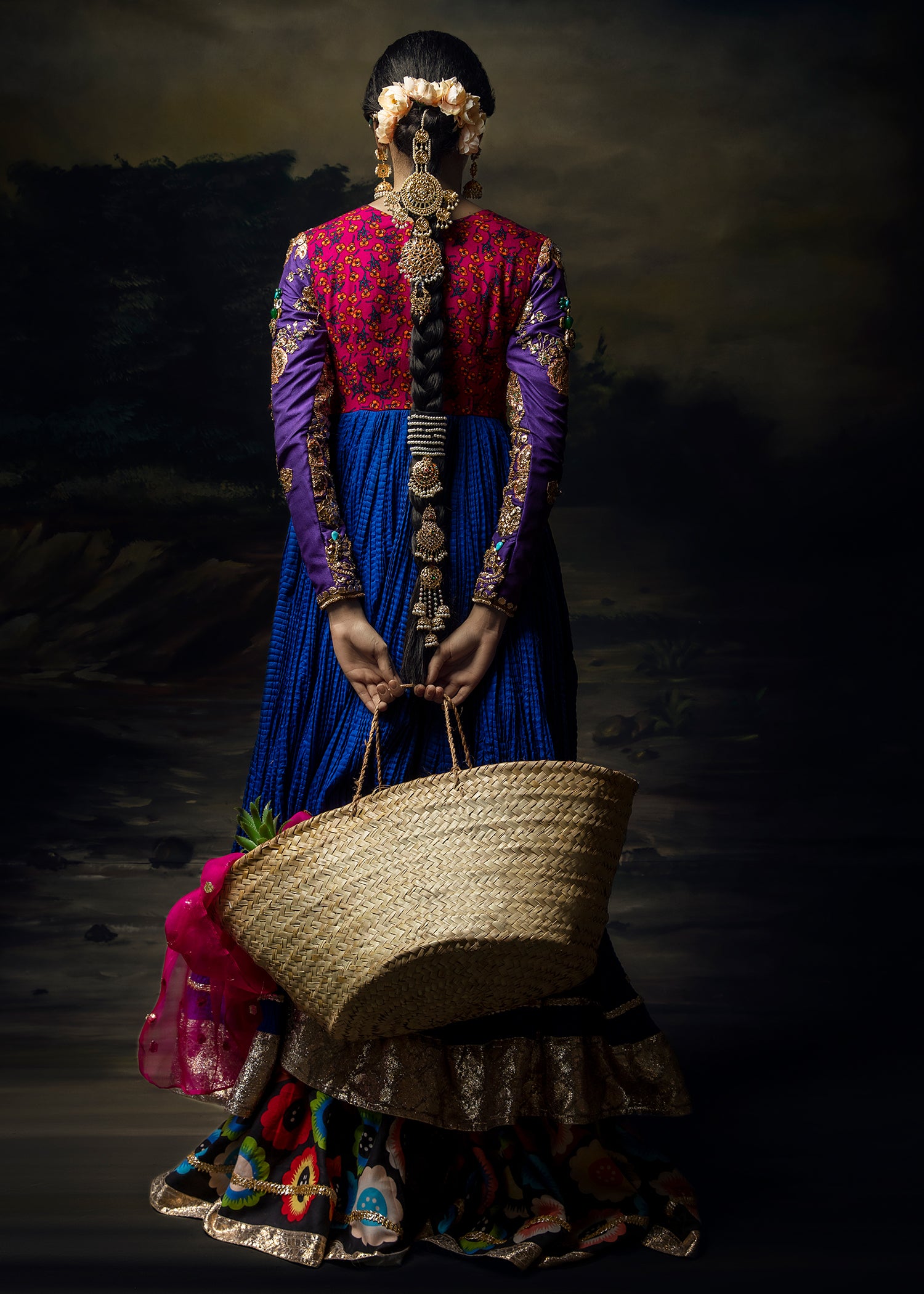 Pakistani Royal Blue Gota Embroidered Crushed Pishwas (3-Piece) - Image 5