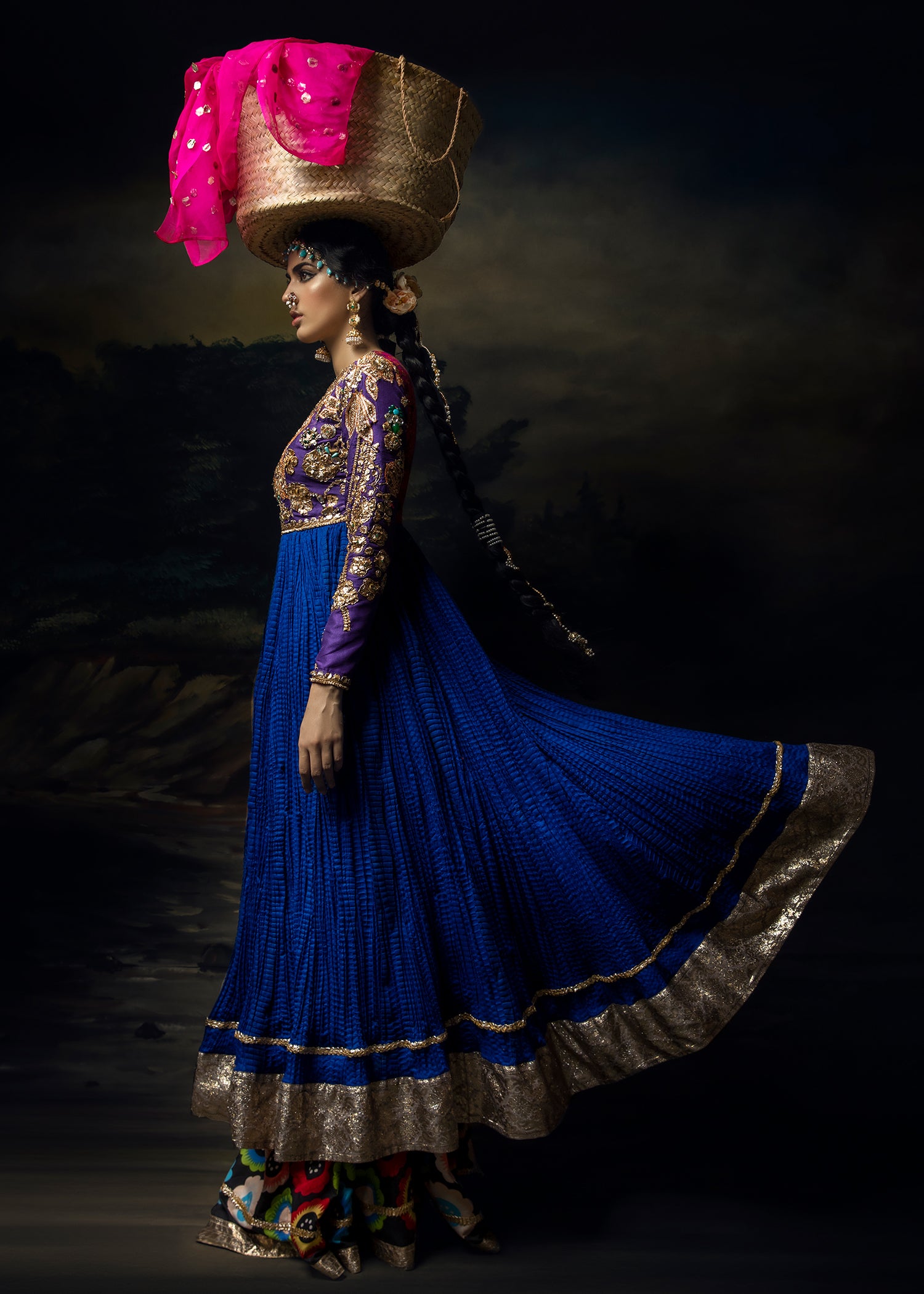 Royal Blue Gota Embroidered Crushed Pishwas (3-Piece) - Image 4