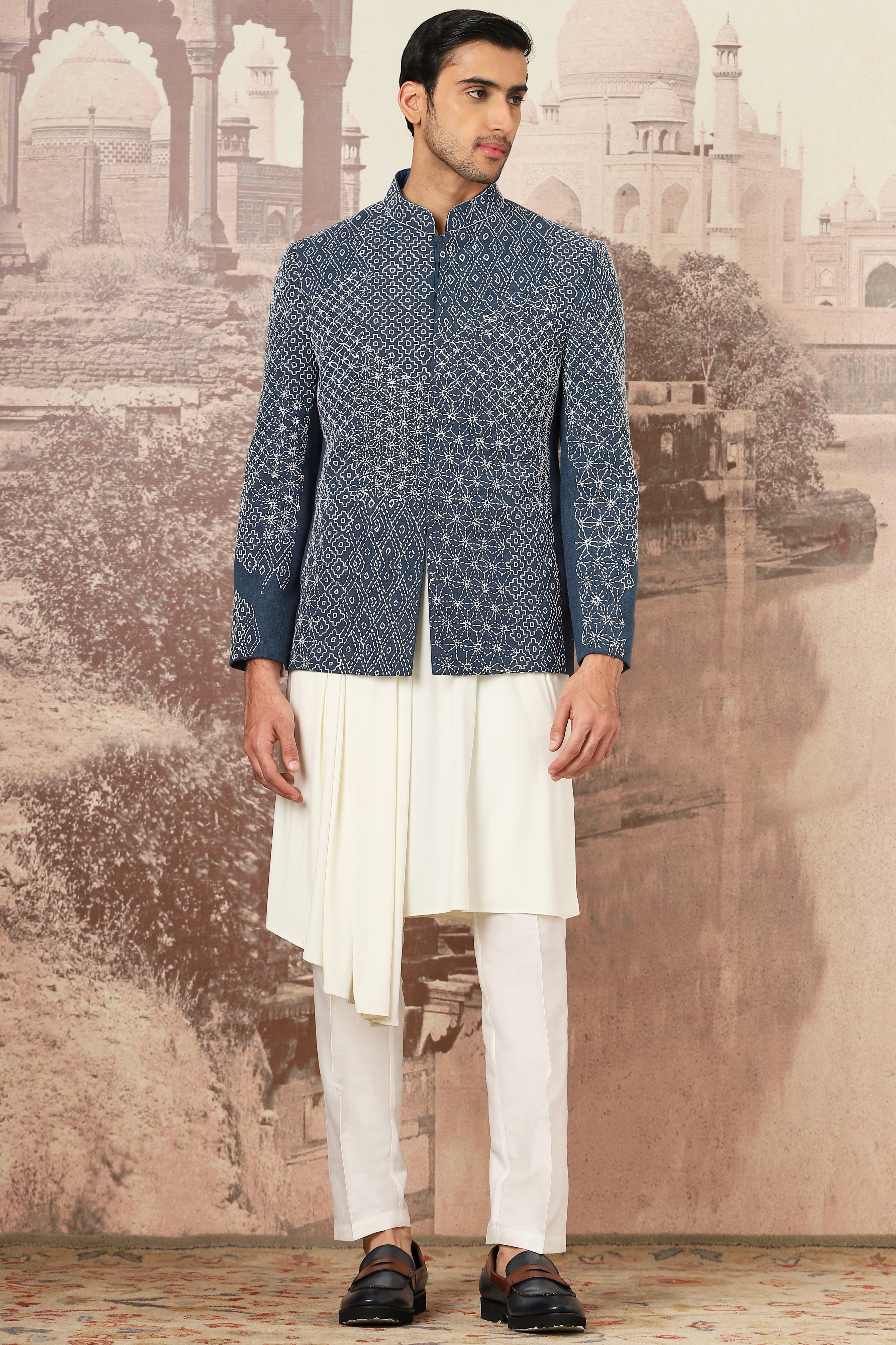 Indigo Kantha Embroidered Cotton-Linen Bandhgala (3-Piece) - Image 1