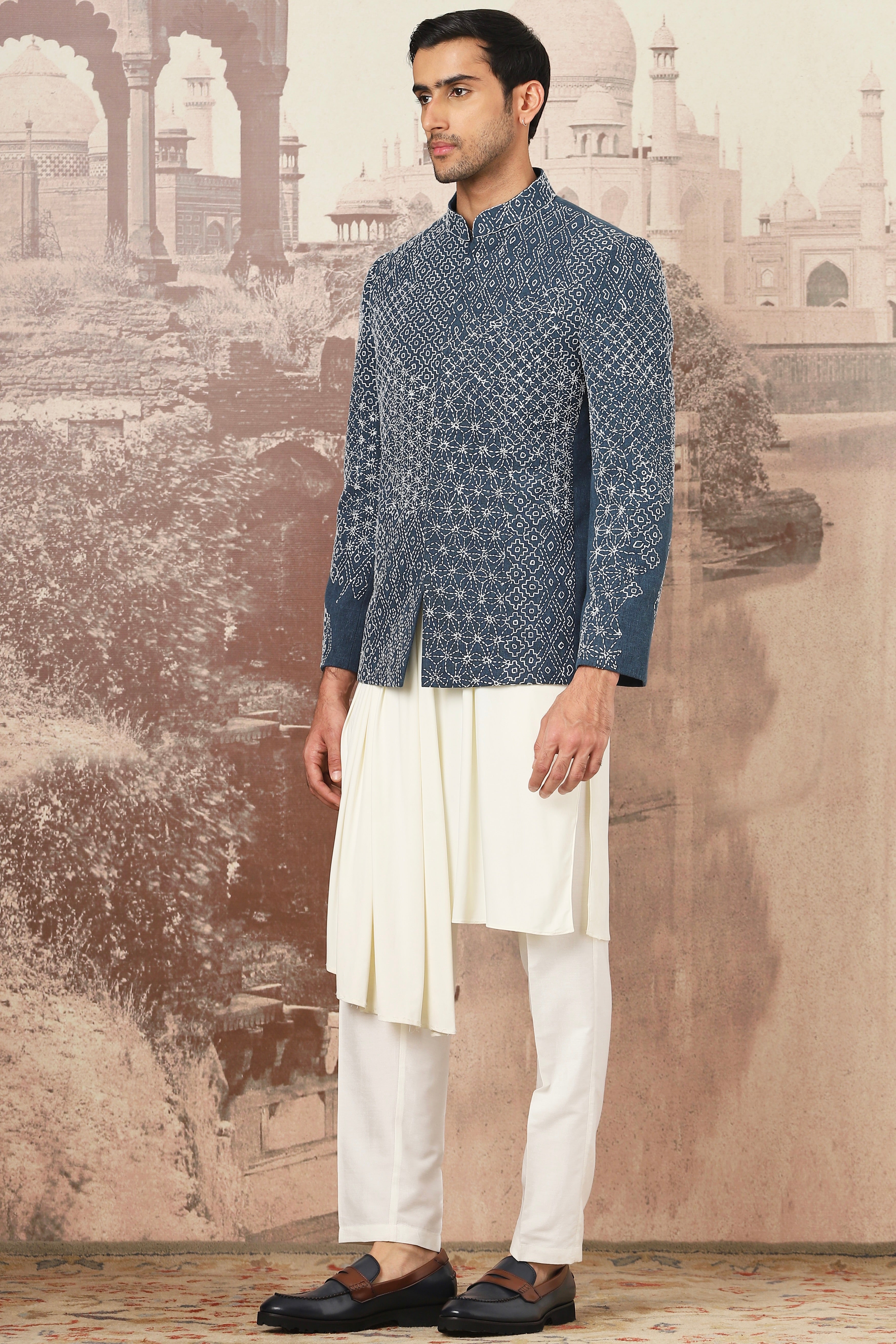 Indigo Kantha Embroidered Cotton-Linen Bandhgala (3-Piece) - Image 2