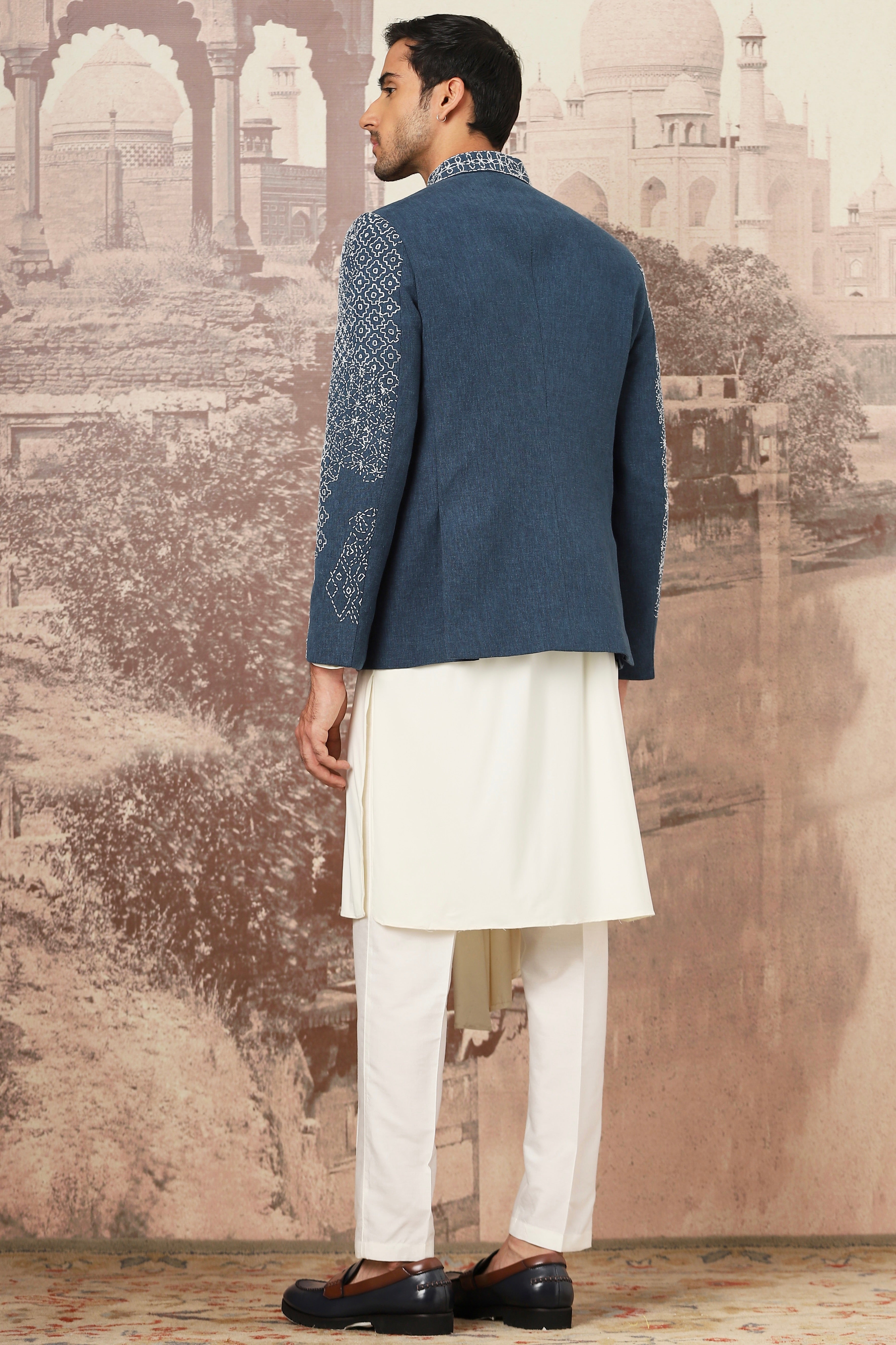 Indigo Kantha Embroidered Cotton-Linen Bandhgala (3-Piece) - Image 4