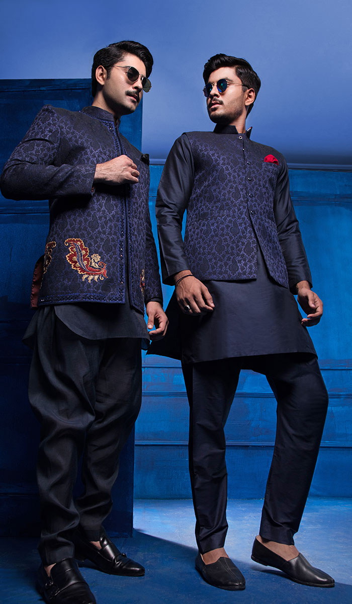 Denim Blue Jacquard Embroidered Prince Coat Set (3-Piece) - Image 1