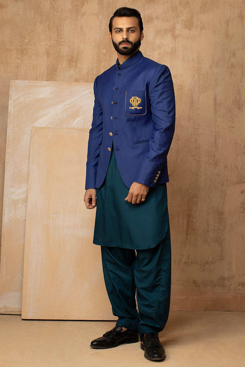 Royal Blue Hand-Embroidered Suiting Prince Coat (1-Pc) - Image 1