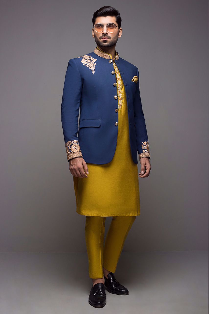 Deep Blue Embroidered Suiting Prince Coat (3-Piece) - Image 1