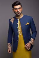 Deep Blue Embroidered Suiting Prince Coat (3-Piece) - Image 4