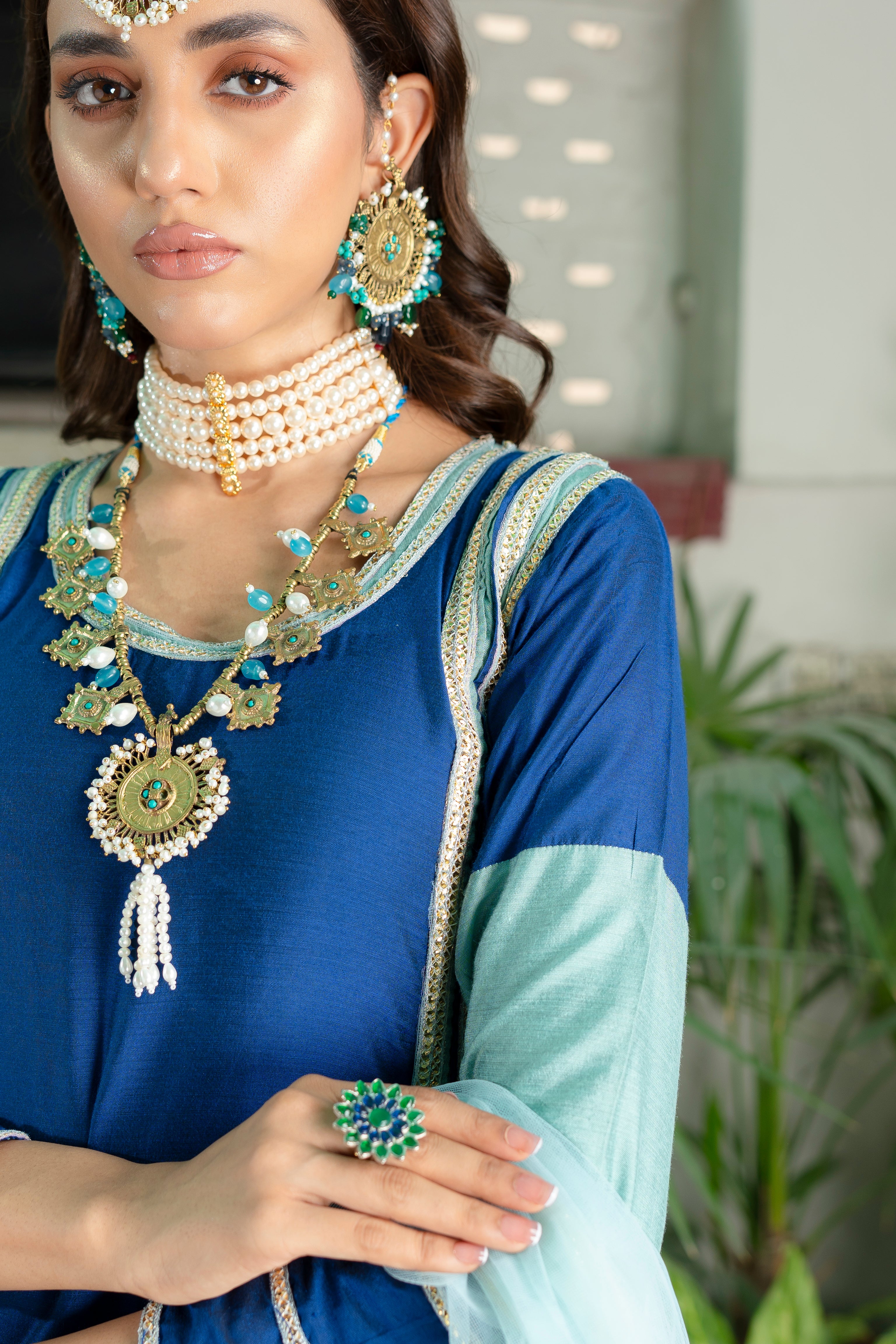 Pakistani Royal Blue Zari Embroidered Banarsi Cotton Silk Salwar Kameez (4-Piece) - Image 3