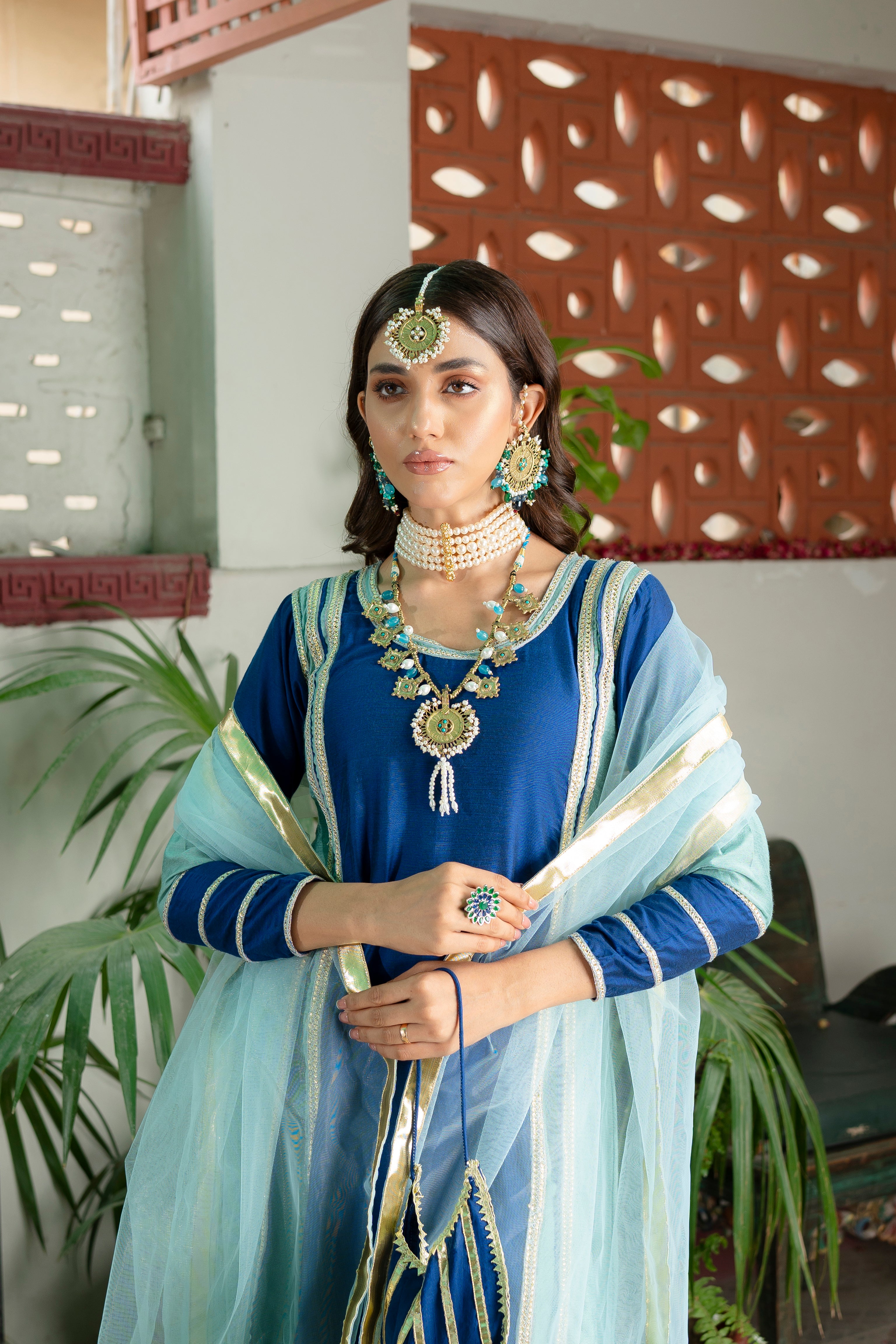 Pakistani Royal Blue Zari Embroidered Banarsi Cotton Silk Salwar Kameez (4-Piece) - Image 6