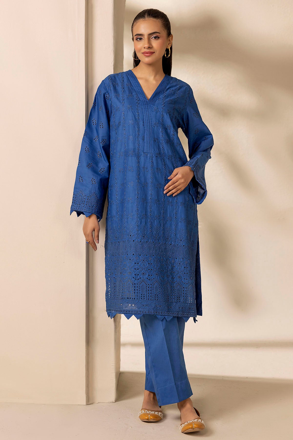 Zircon Blue Schiffli Embroidered Cambric Lawn Shirt (2-Piece) - Image 1