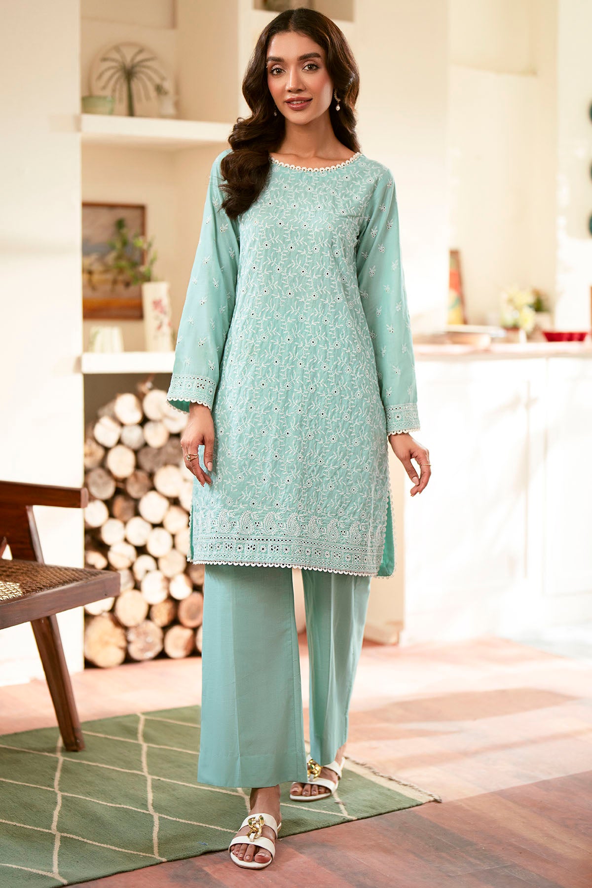 Aqua Schiffli Embroidered Cambric Lawn Salwar Kameez (2-Piece) - Image 1
