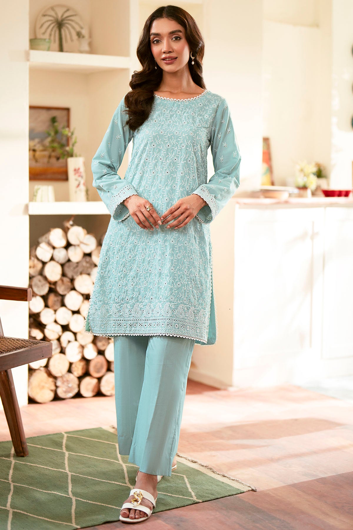 Aqua Schiffli Embroidered Cambric Lawn Salwar Kameez (2-Piece) - Image 2