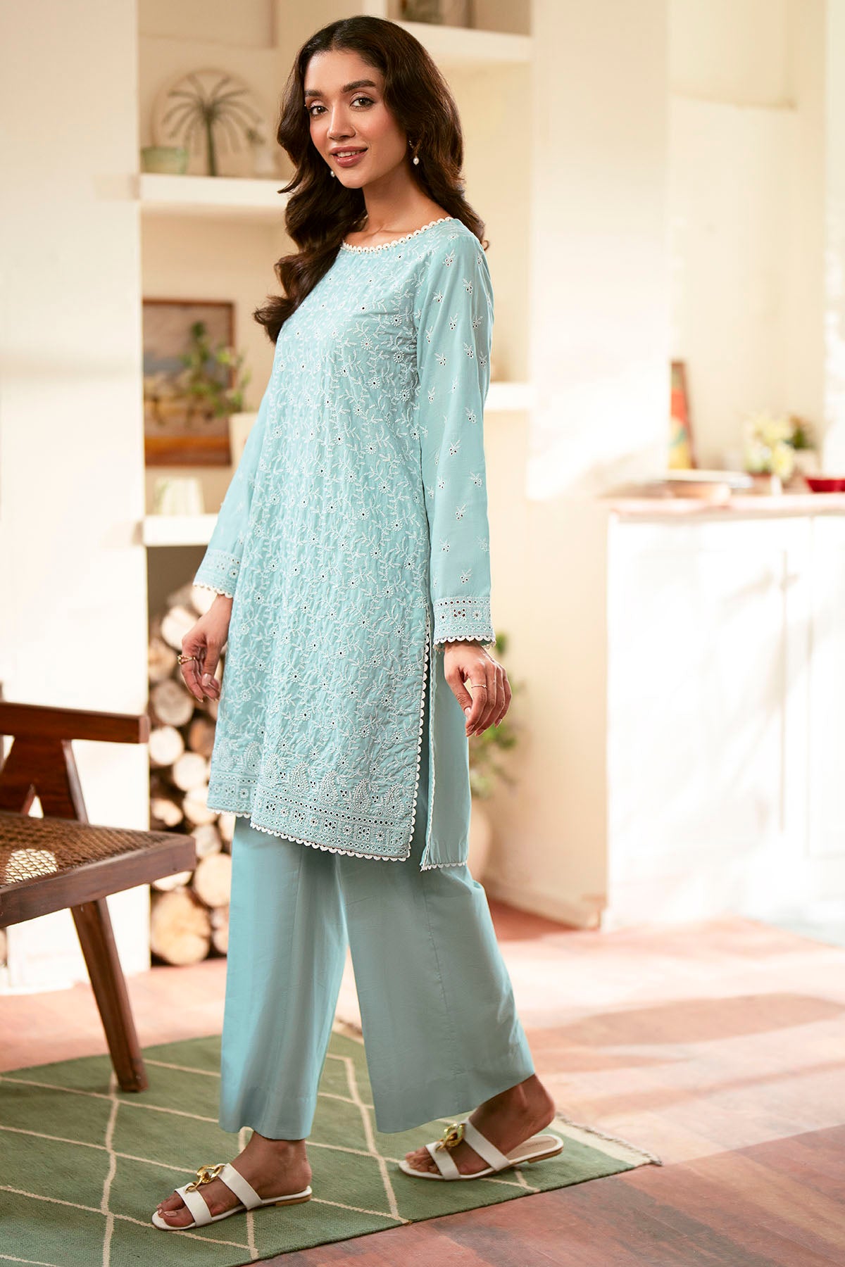 Aqua Schiffli Embroidered Cambric Lawn Salwar Kameez (2-Piece) - Image 4