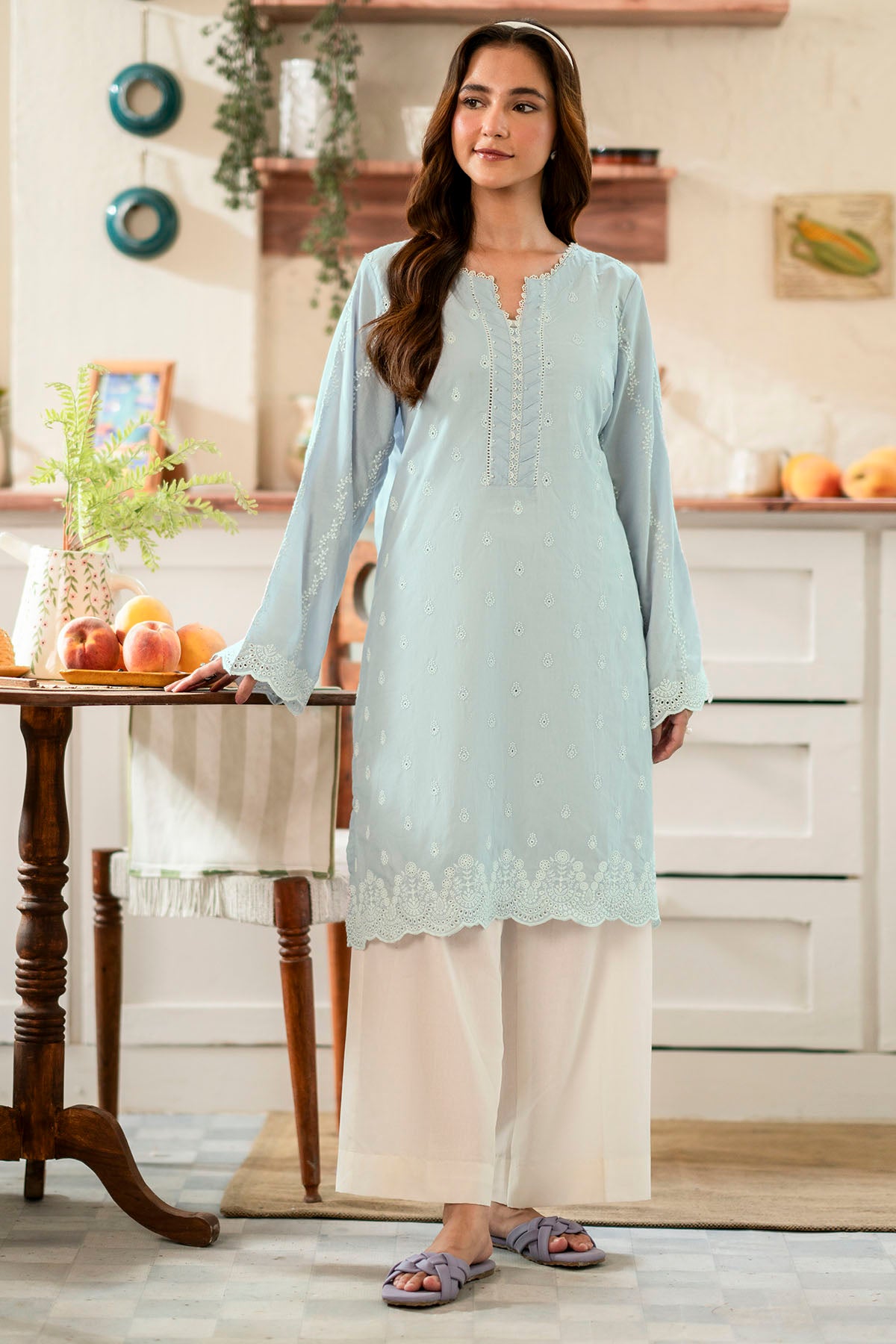Pakistani Powder Blue Schiffli Embroidered Cambric Lawn Salwar Kameez (2-Piece) - Image 1