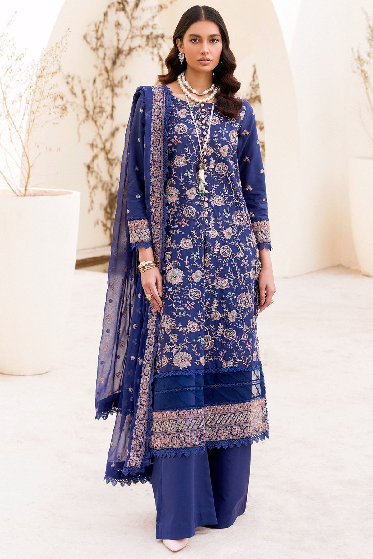 Deep Blue Embroidered Cambric 3-Piece Suit - Image 1