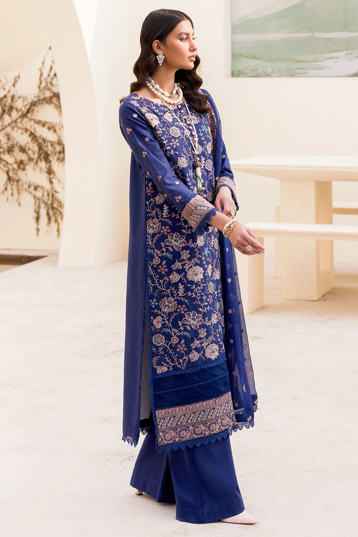 Deep Blue Embroidered Cambric 3-Piece Suit - Image 2