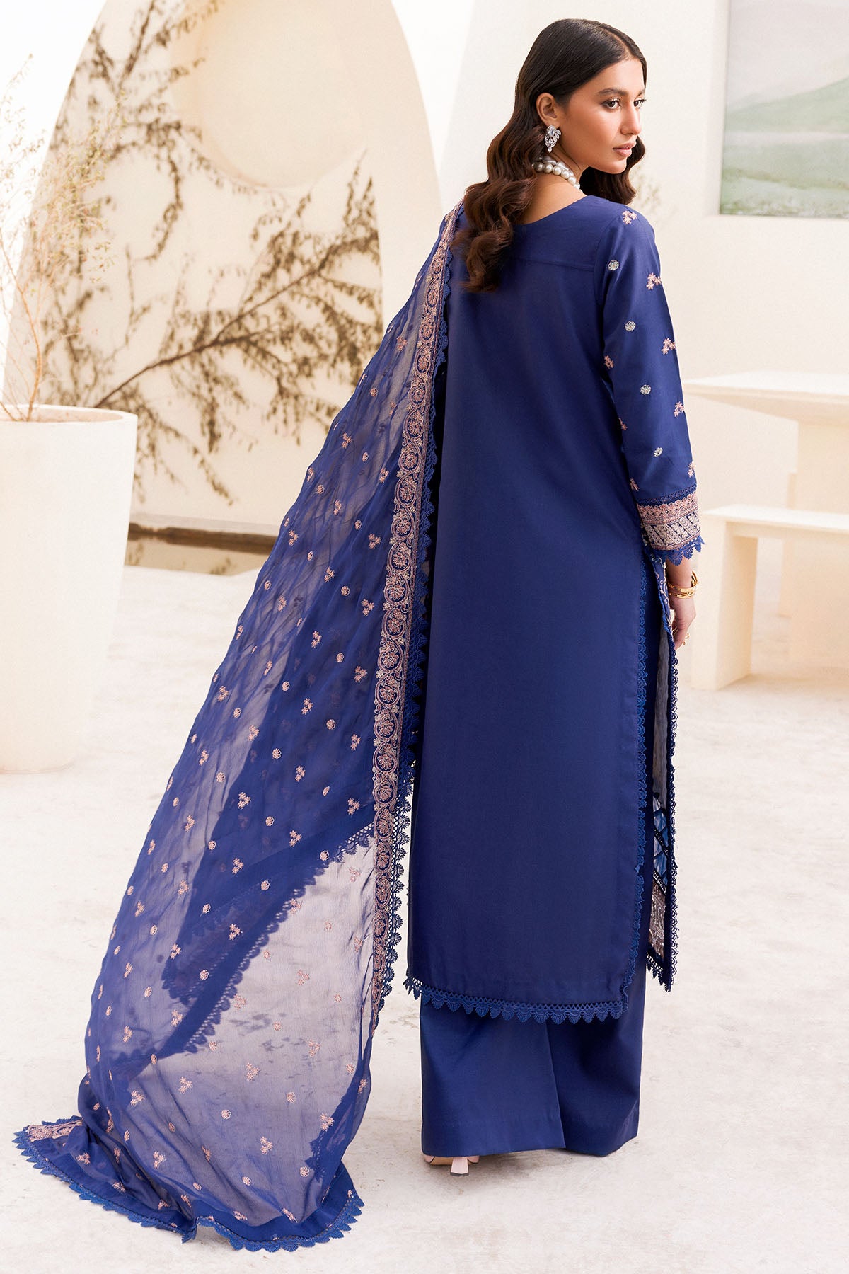 Deep Blue Embroidered Cambric 3-Piece Suit - Image 3