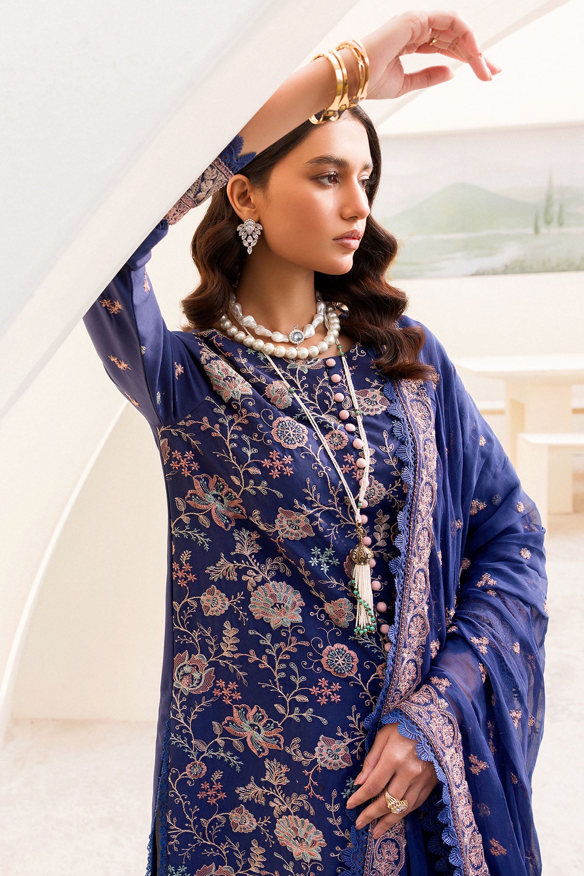 Deep Blue Embroidered Cambric 3-Piece Suit - Image 4