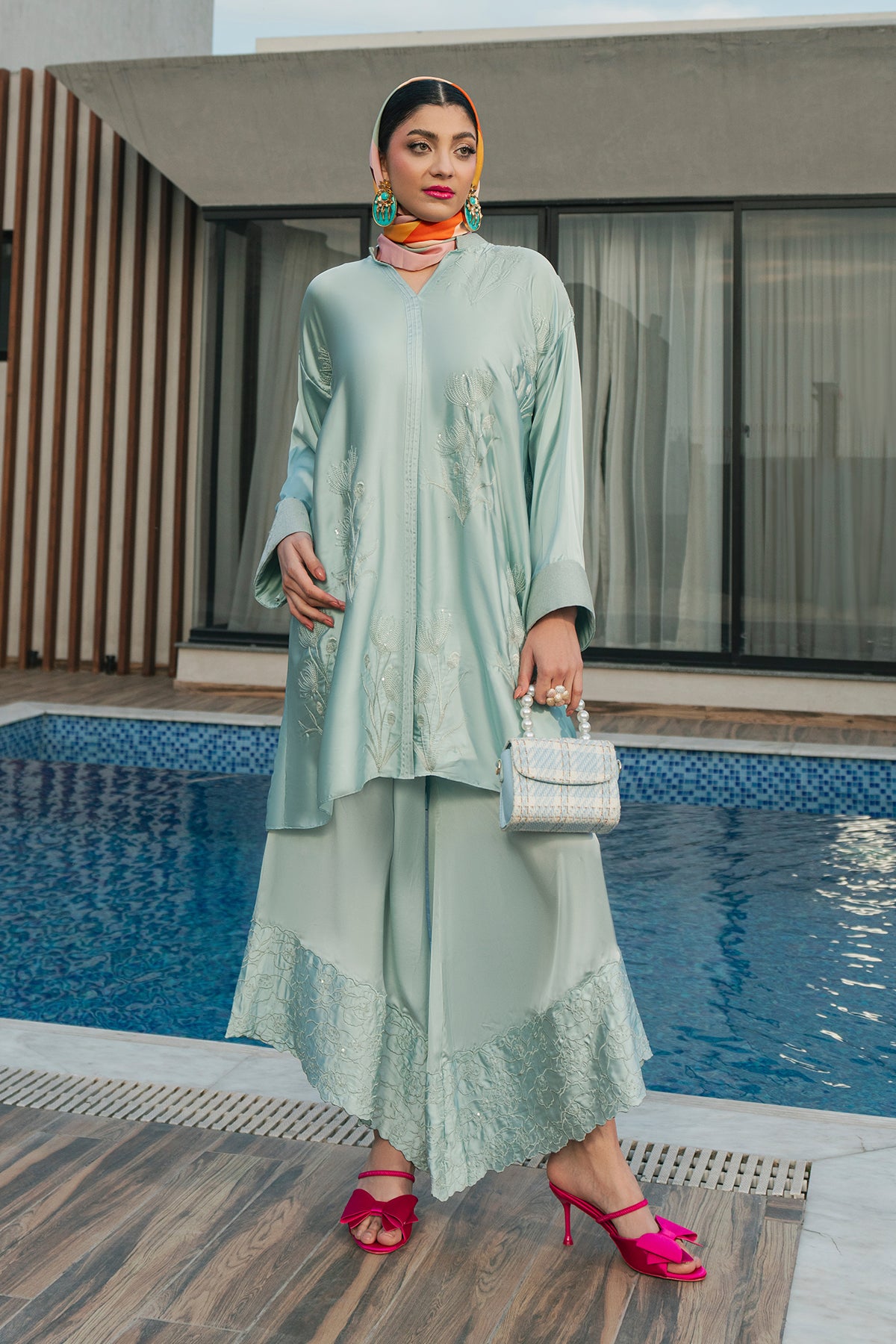 Pakistani Aqua Embroidered Charmeuse Silk Kurta Set (2-Piece) - Image 1