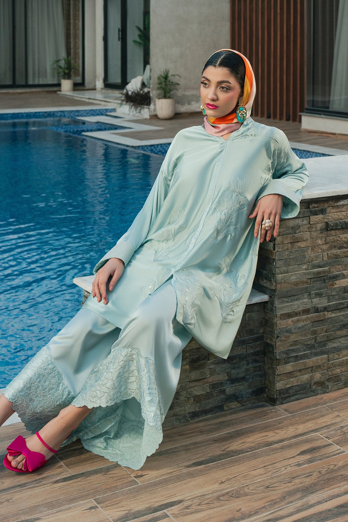 Pakistani Aqua Embroidered Charmeuse Silk Kurta Set (2-Piece) - Image 3