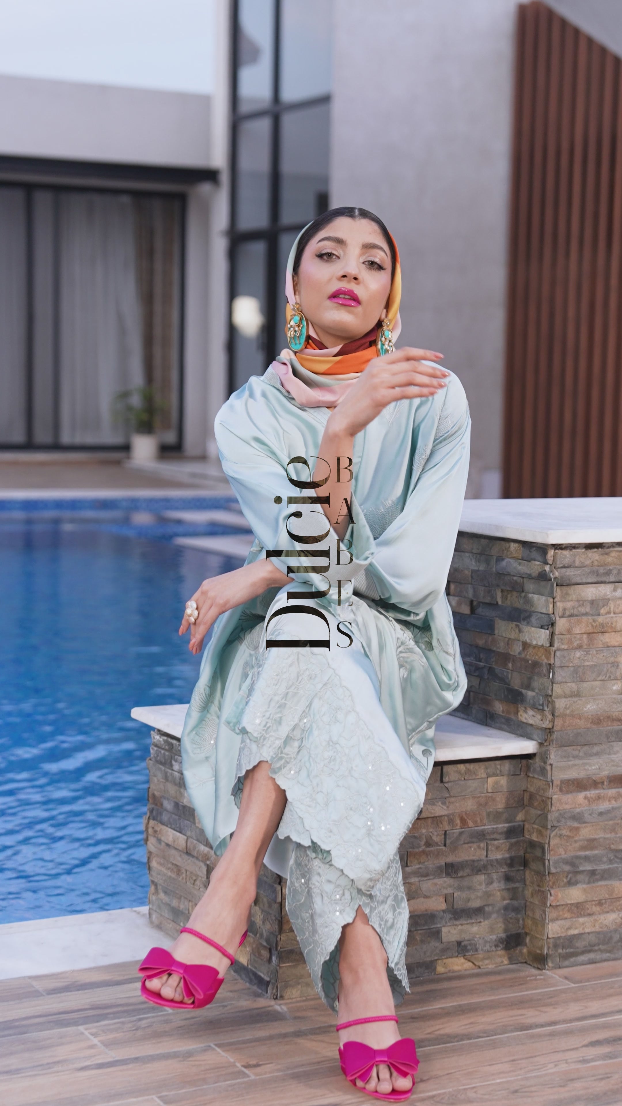 Pakistani Aqua Embroidered Charmeuse Silk Kurta Set (2-Piece) - Image 7