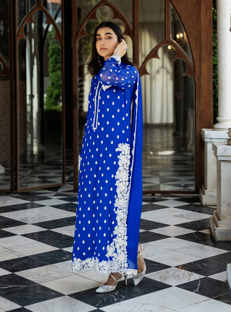 Pakistani Cobalt Blue Embroidered Chiffon Salwar Kameez (3-Piece) - Image 2