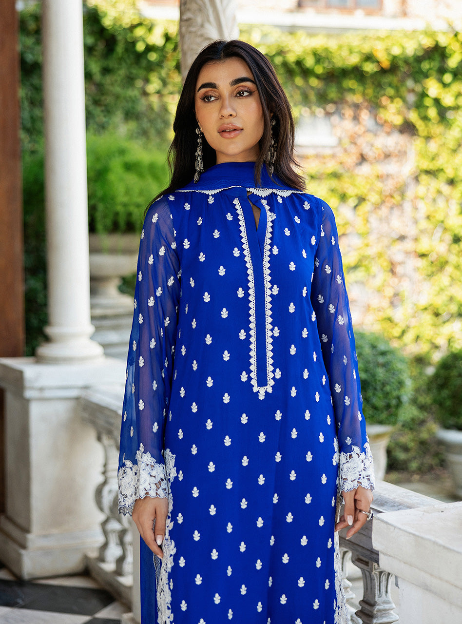 Pakistani Cobalt Blue Embroidered Chiffon Salwar Kameez (3-Piece) - Image 3