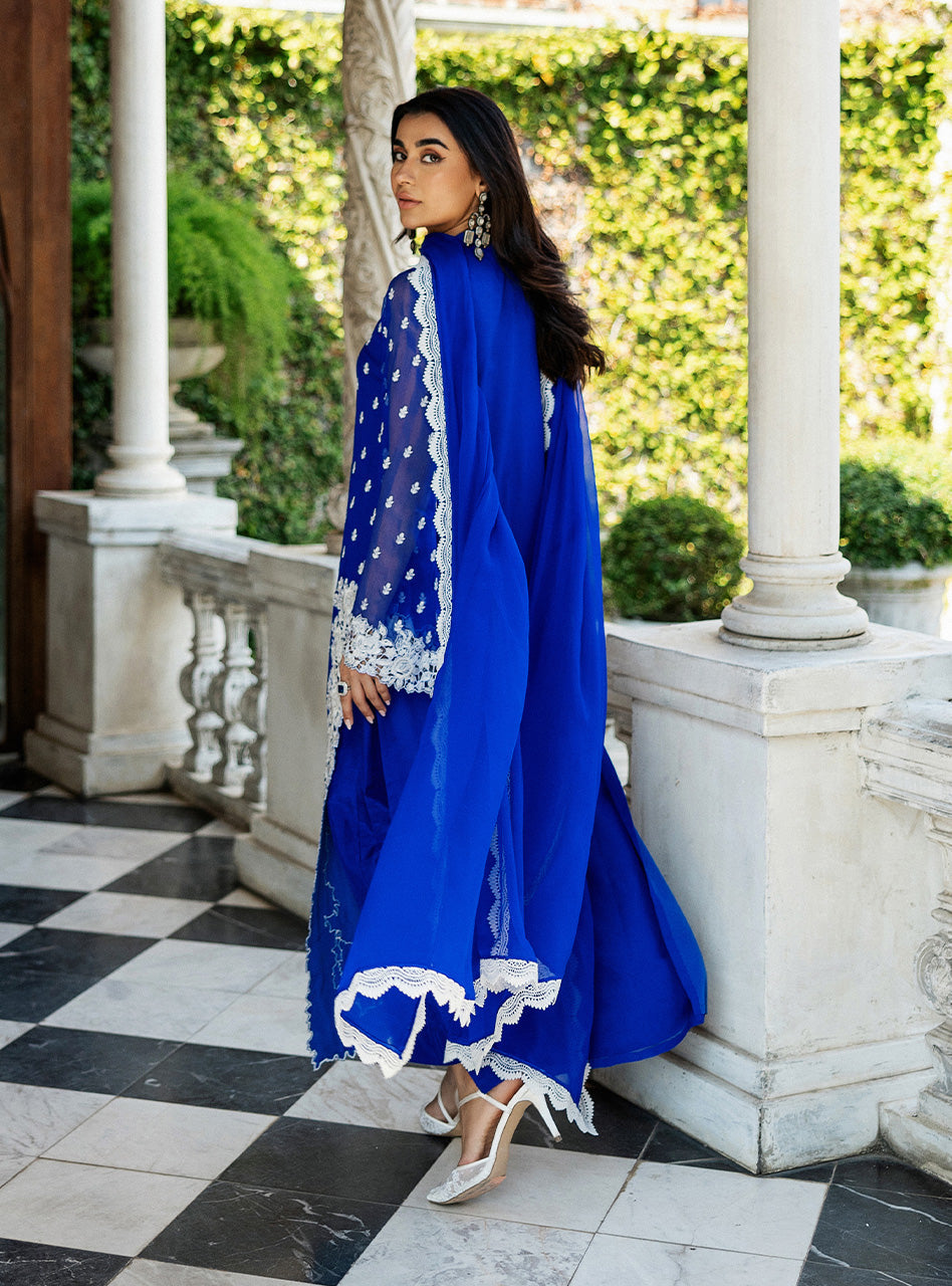 Pakistani Cobalt Blue Embroidered Chiffon Salwar Kameez (3-Piece) - Image 5