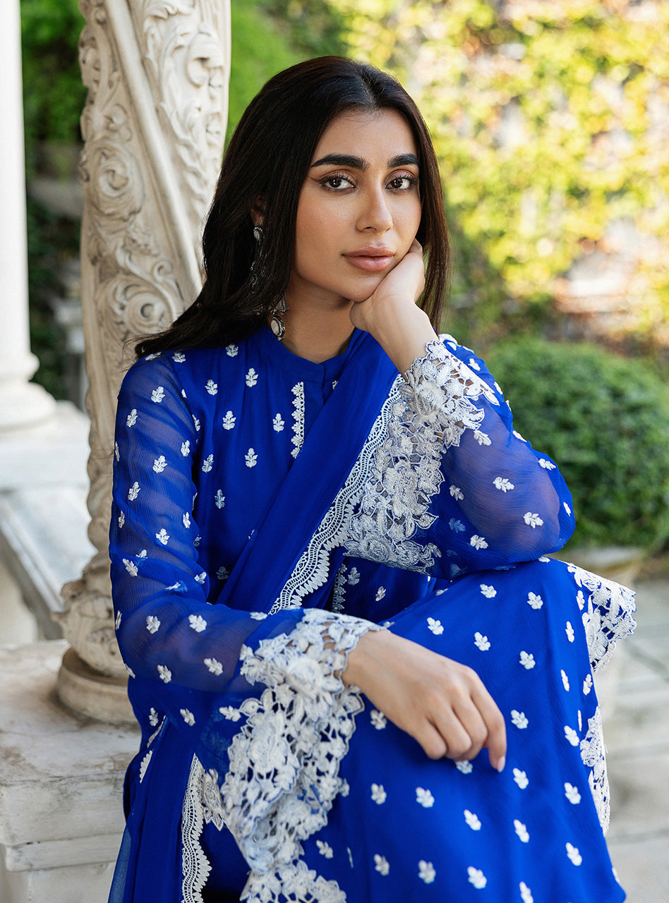 Pakistani Cobalt Blue Embroidered Chiffon Salwar Kameez (3-Piece) - Image 6