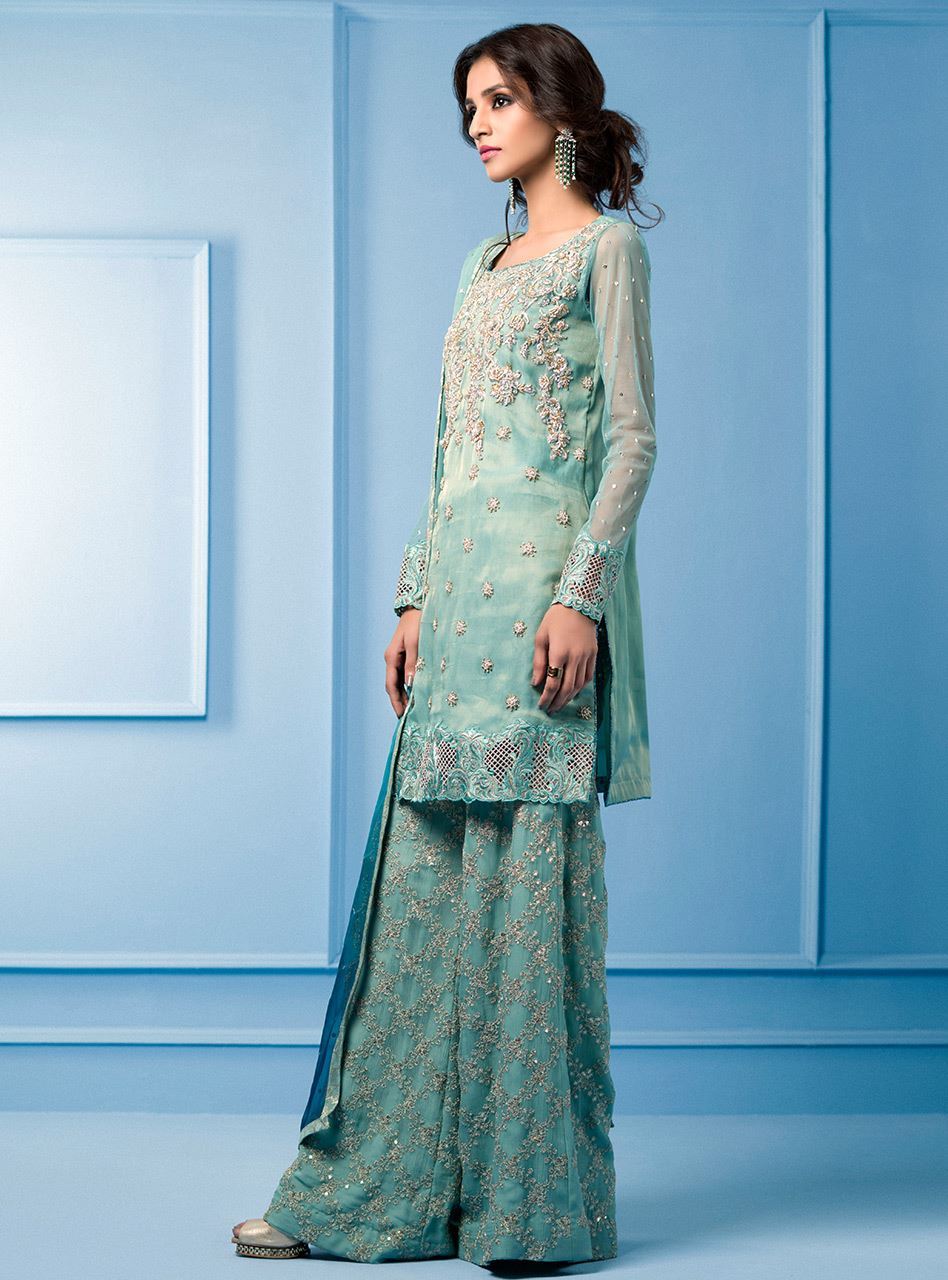 Pakistani Aqua Embroidered Maysuri Chiffon Salwar Kameez (3-Piece) - Image 2