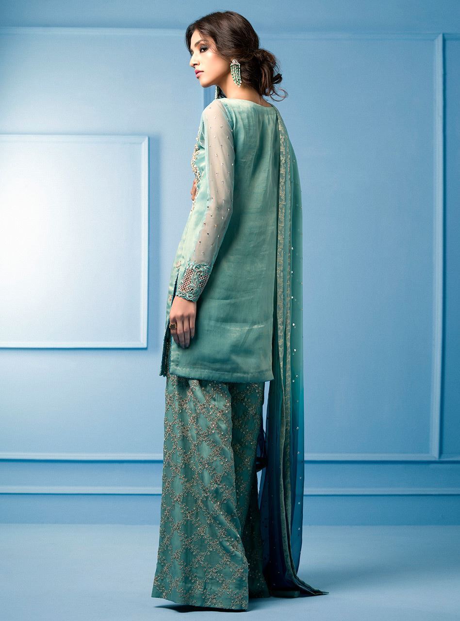 Pakistani Aqua Embroidered Maysuri Chiffon Salwar Kameez (3-Piece) - Image 3