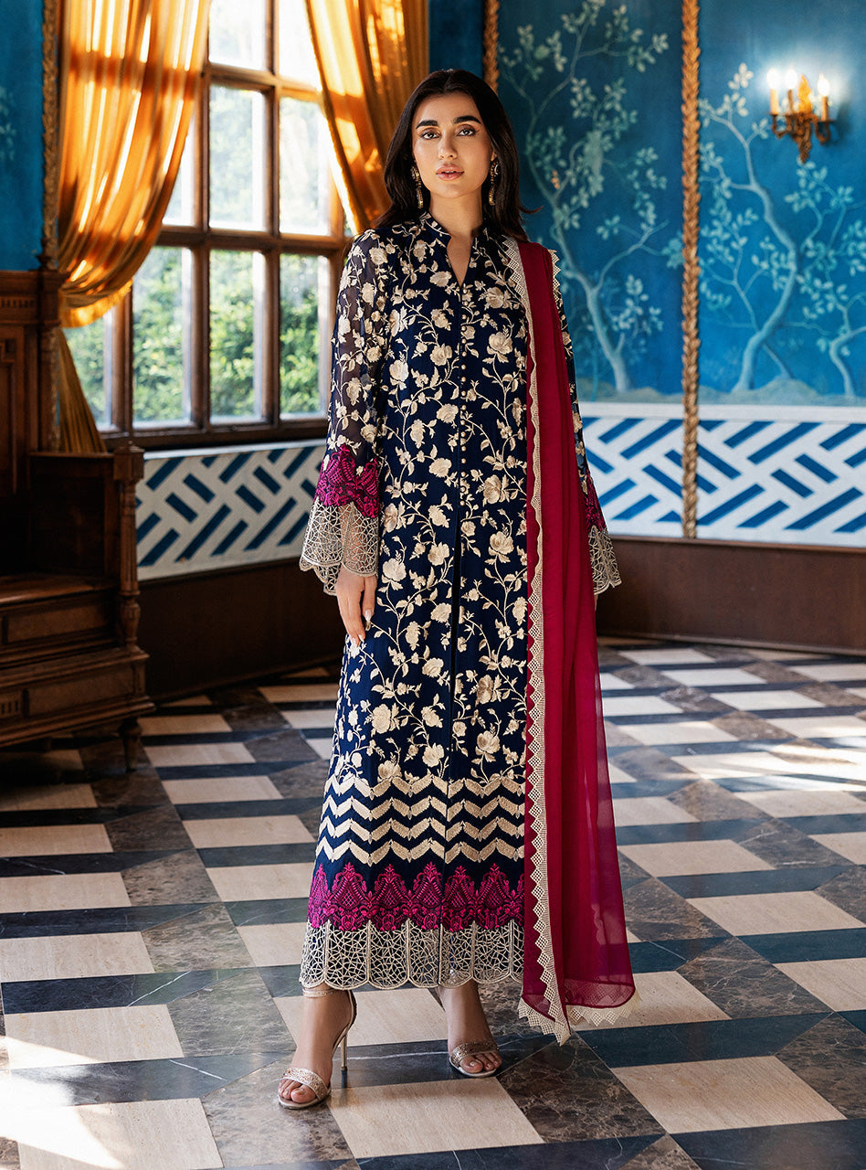 Deep Blue Embroidered Chiffon Long Shirt (3-Piece) - Image 1