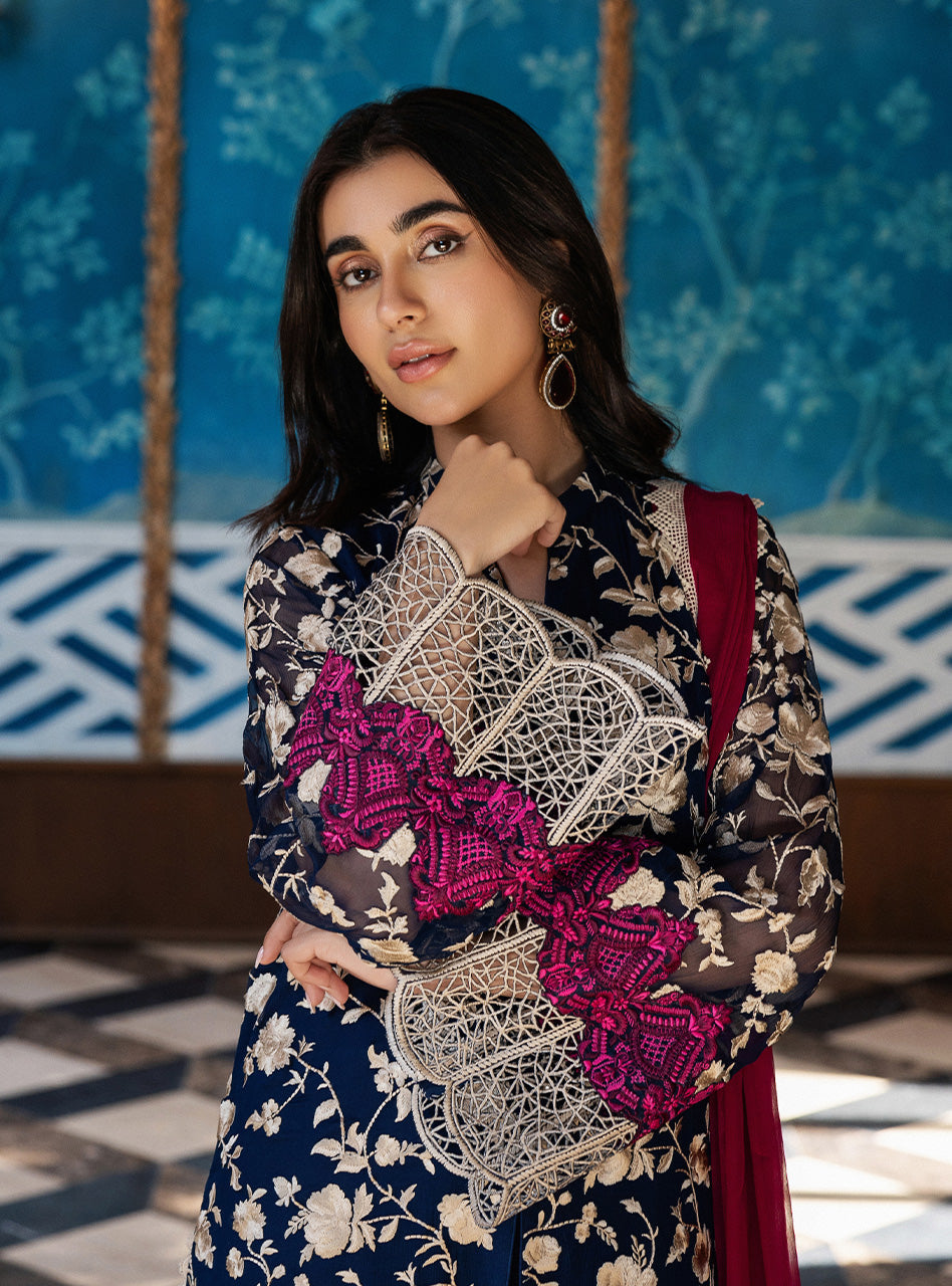 Deep Blue Embroidered Chiffon Long Shirt (3-Piece) - Image 2