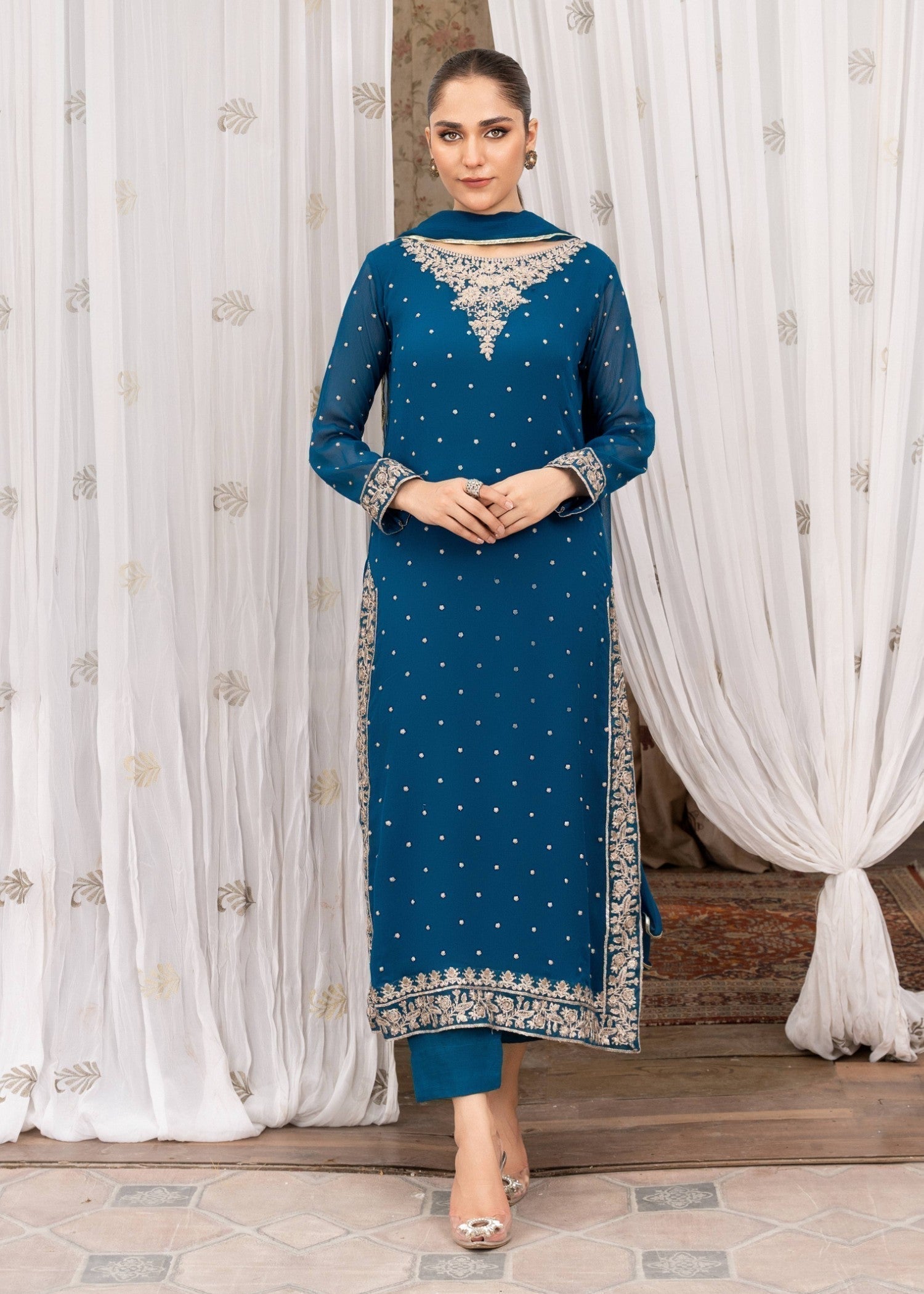 Royal Blue Embroidered Chiffon Kurta Set (3-Piece) - Image 1