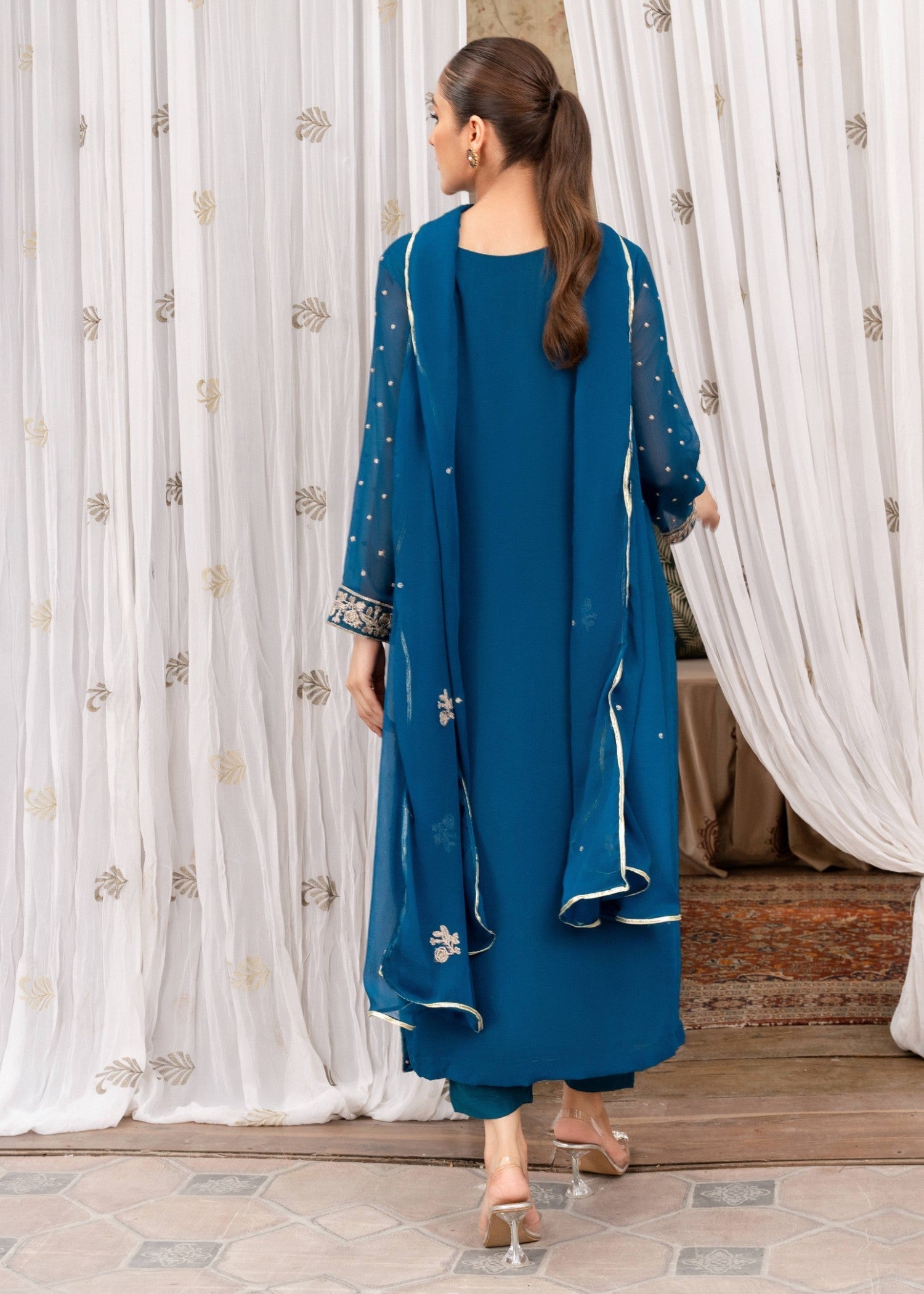 Royal Blue Embroidered Chiffon Kurta Set (3-Piece) - Image 3