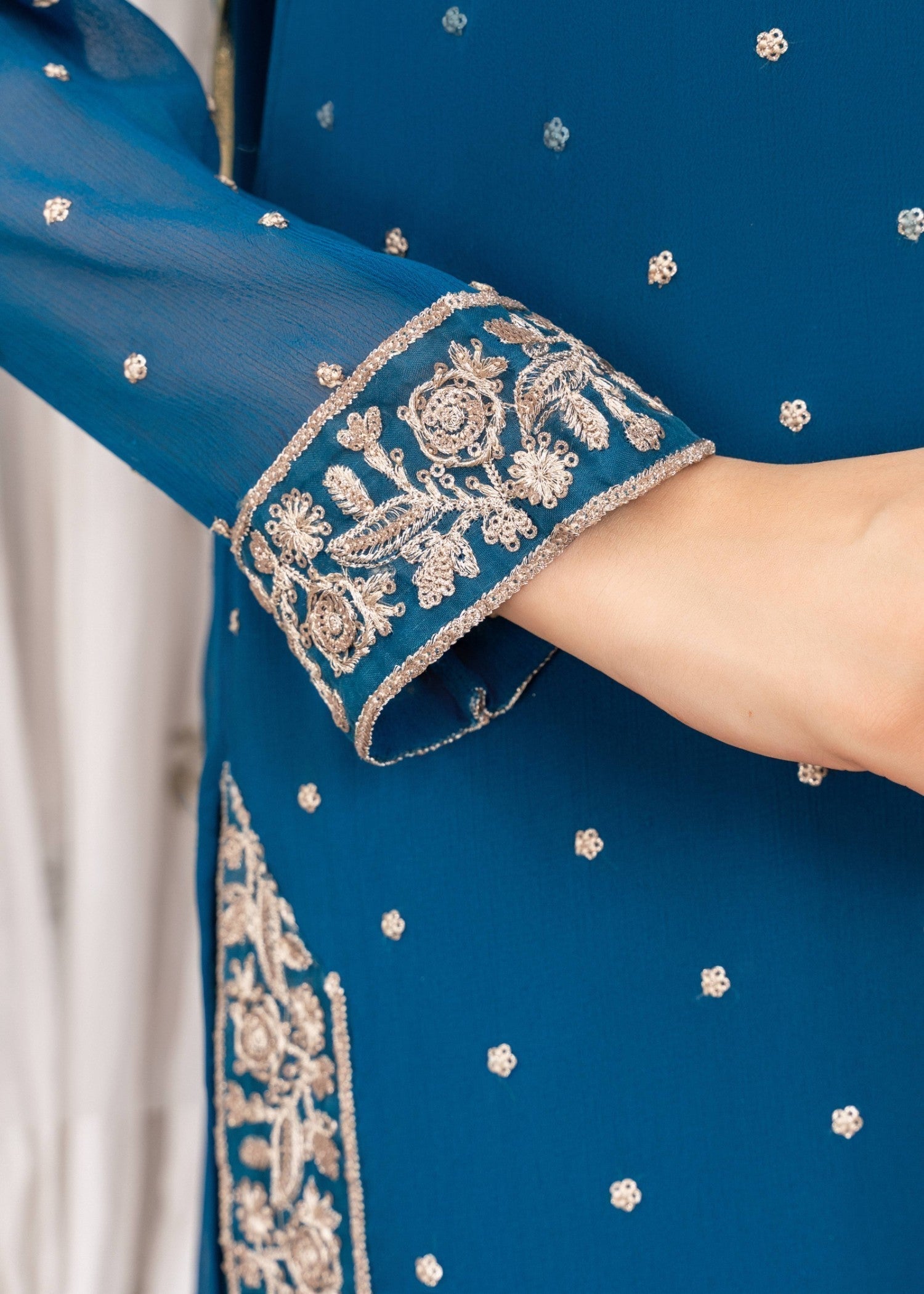 Royal Blue Embroidered Chiffon Kurta Set (3-Piece) - Image 6